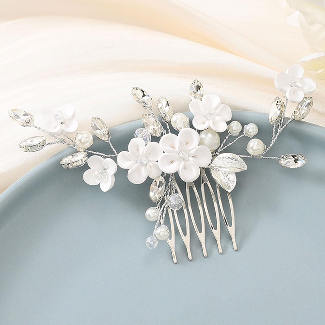 Elegant Latious Flower Pearl Bridal Hair Comb - Crystal Leaf Wedding Hair Clip for Women & Girls | Perfect for Brides, Prom, and Special Occasions