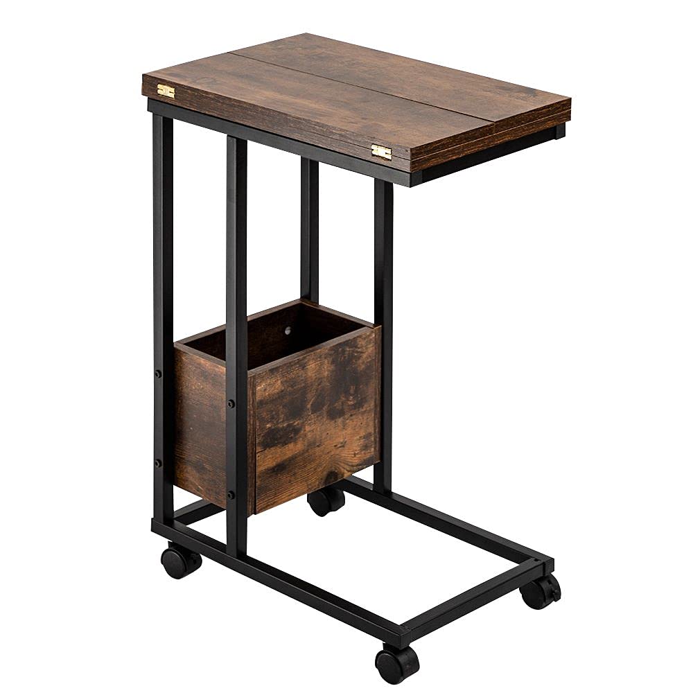 Hadulcet C-Shaped End Table with Wheels - Foldable TV Tray, Laptop Table & Couch Side Table That Slides Under Furniture - Rustic Brown Home Office & Living Room Accent Piece