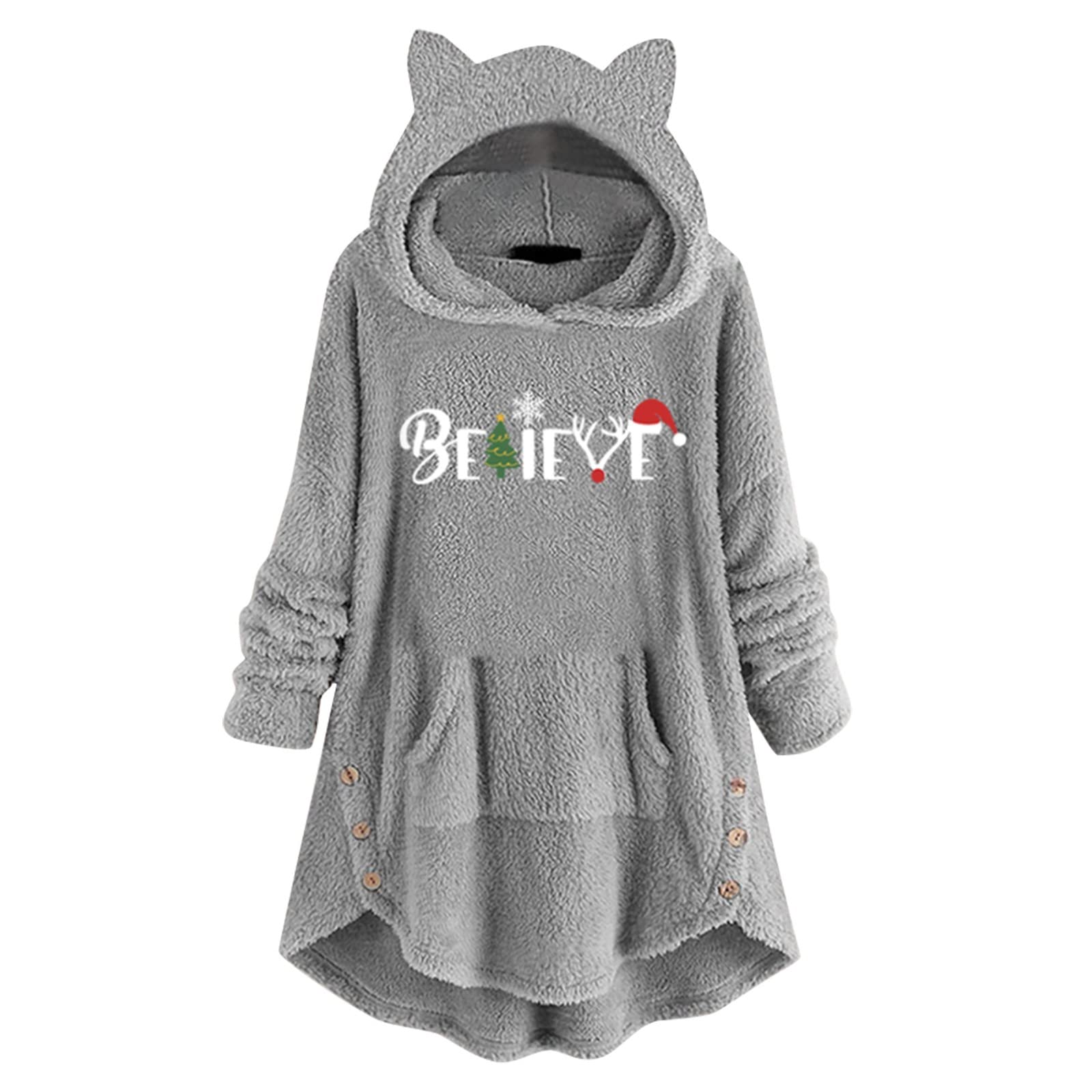 Cozy Fleece Pullover Hoodie for Women - Cute Cat Print, Long Sleeve with Pockets & Button Ear Hood - Winter Warm Casual Wear for Outdoors, Lounge & Cat Lovers Fashion