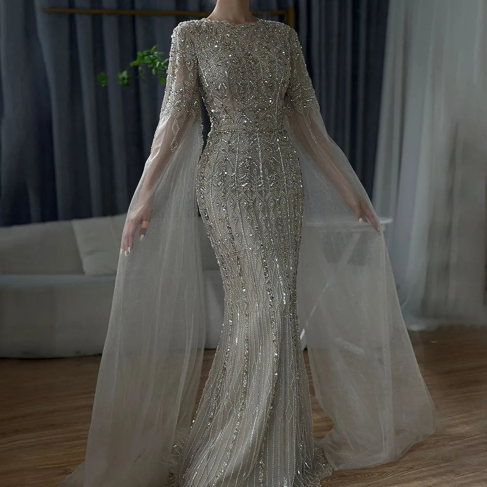 Luxury Dubai Saudi Arabia Caramel Mermaid Evening Gown with Elegant Cape Sleeves & Beaded Details - Formal Dresses for Weddings, Galas & Special Occasions