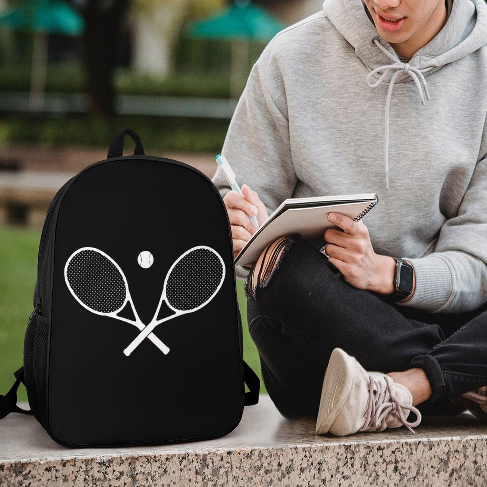 IOEDTHBJ 3D Printed Crossed Racket & Tennis Backpack - 17 Inch Laptop Compartment, Stylish Unisex School & Work Computer Bag for Men & Women - Perfect for Sports, Travel & Daily Commute