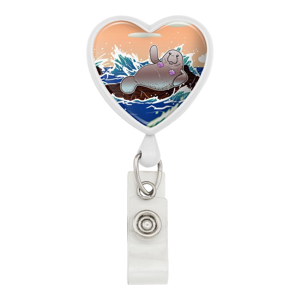 Funny Waving Manatee Mermaid Lanyard with Retractable Reel - White ID Badge Holder for Work, School & Events | Ocean Theme Office Accessory