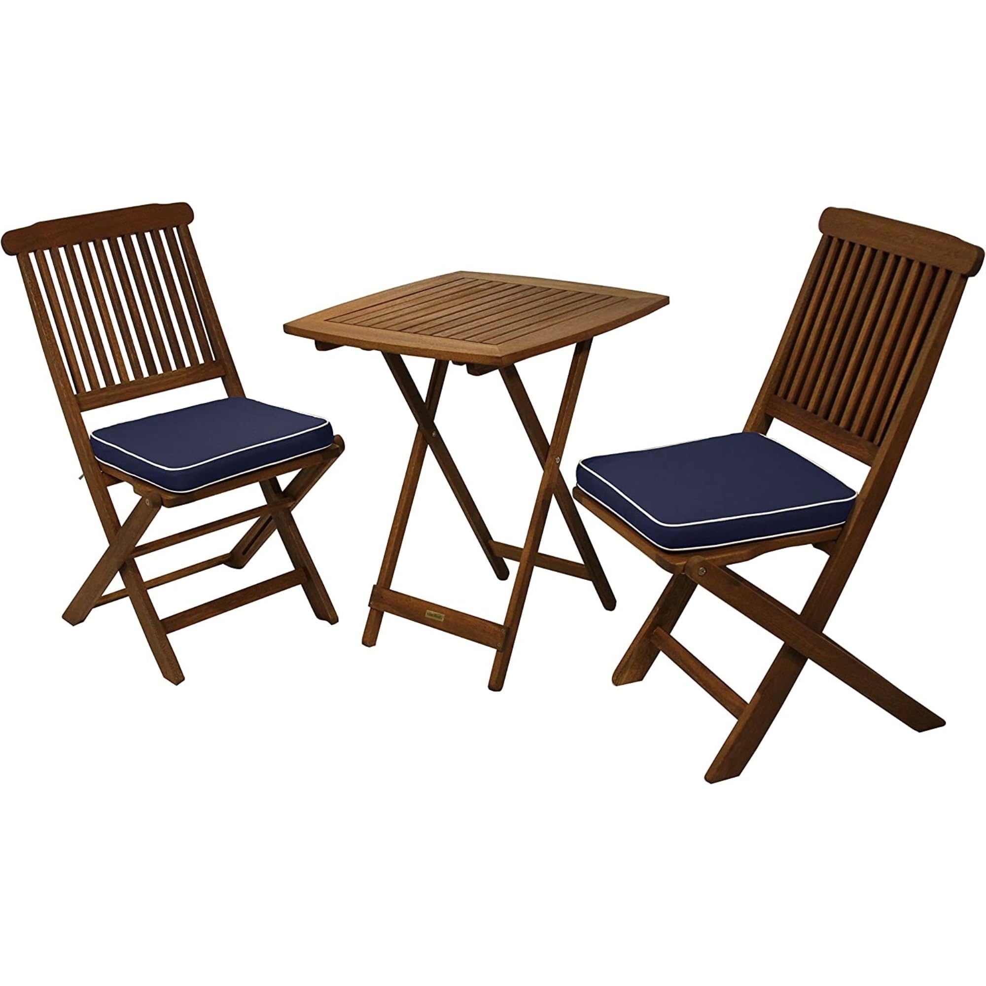 Premium Eucalyptus Wood 3-Piece Foldable Bistro Set - Square Patio Table & 2 Chairs with Blue Cushions - Outdoor Dining Furniture for Garden, Balcony & Backyard
