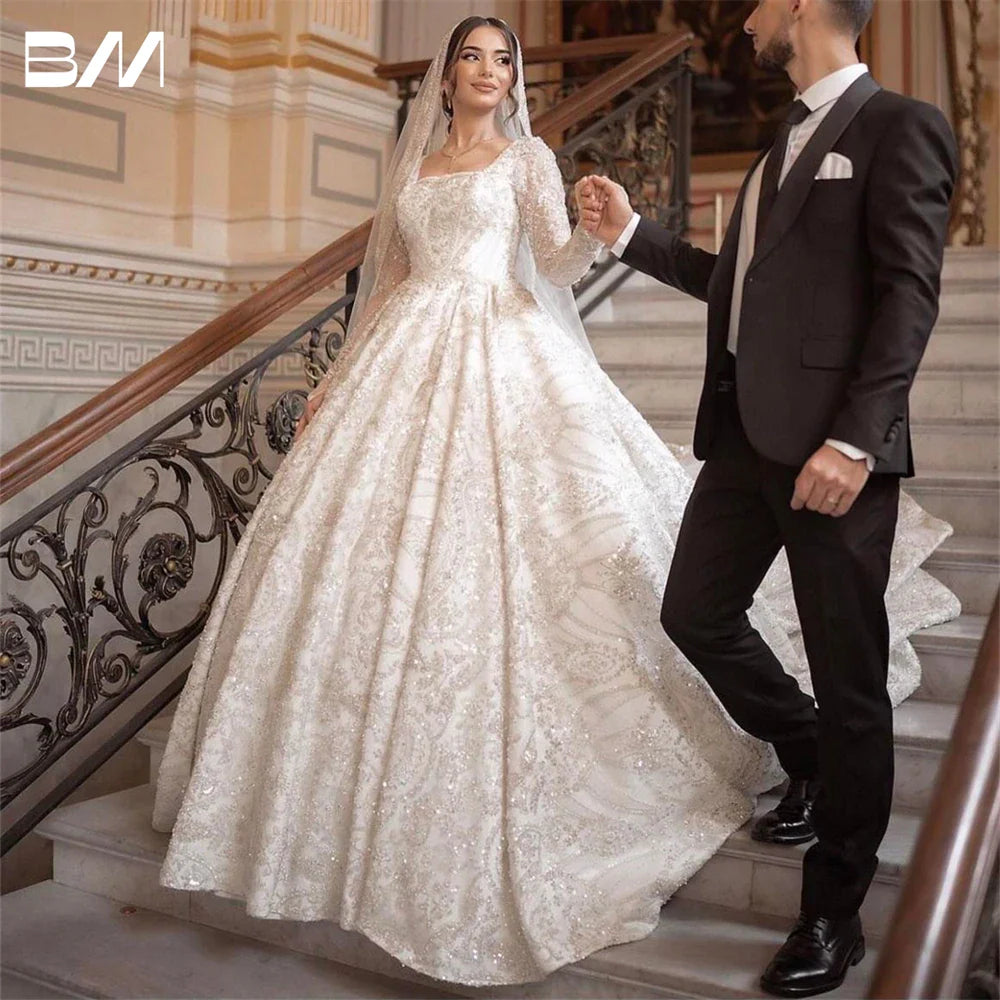 Elegant Square Neck Long Sleeve Beaded Wedding Dress - Custom Made Bridal Gown with Embroidery & Pearls for Bride | Perfect for Church Ceremony, Ballroom Reception, and Formal Wedding Events