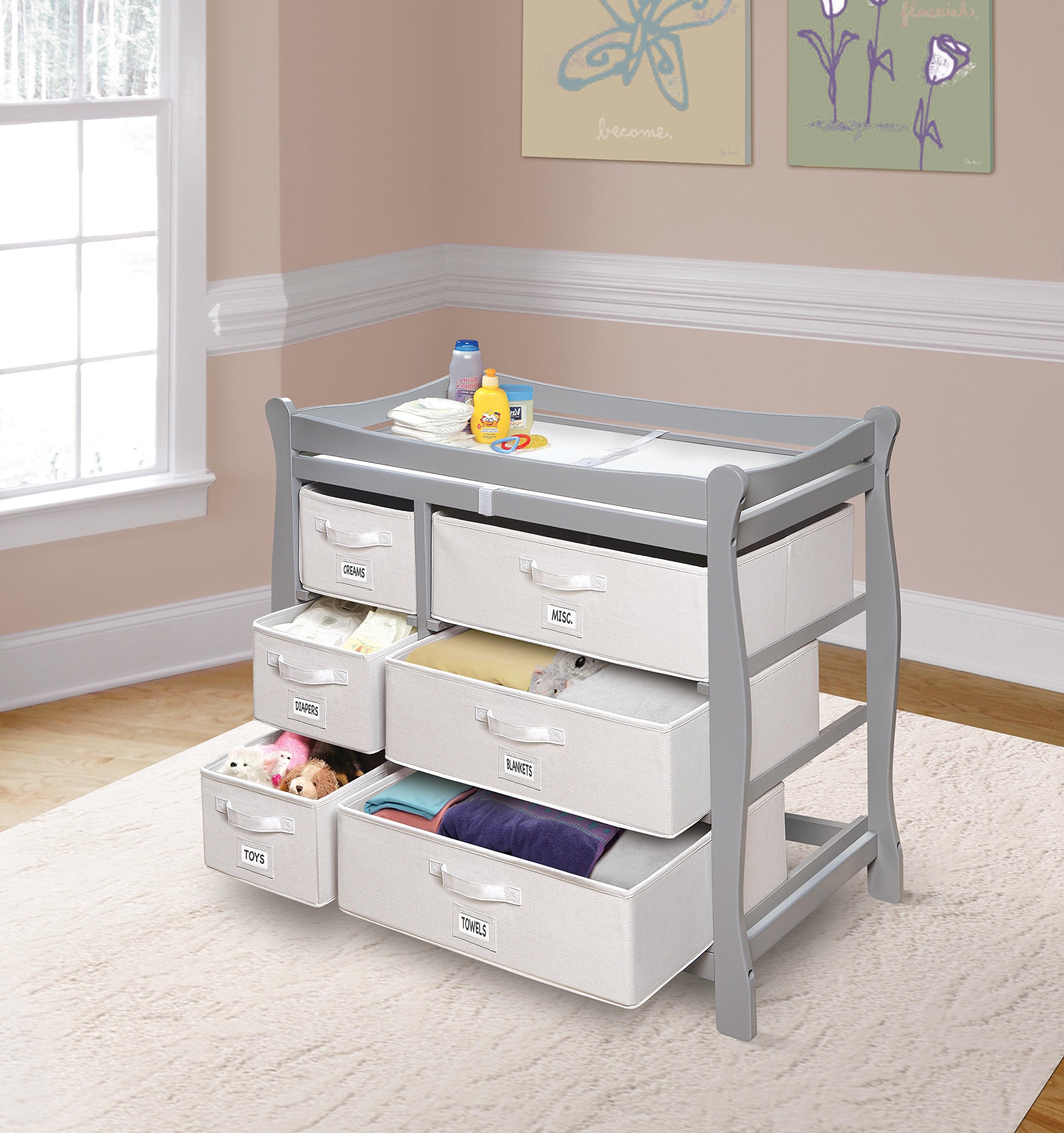 Sleigh Style Baby Changing Table with 6 Storage Baskets - Cool Gray Nursery Organizer for Diapers, Wipes & Baby Essentials | Perfect for Newborn Care & Nursery Organization
