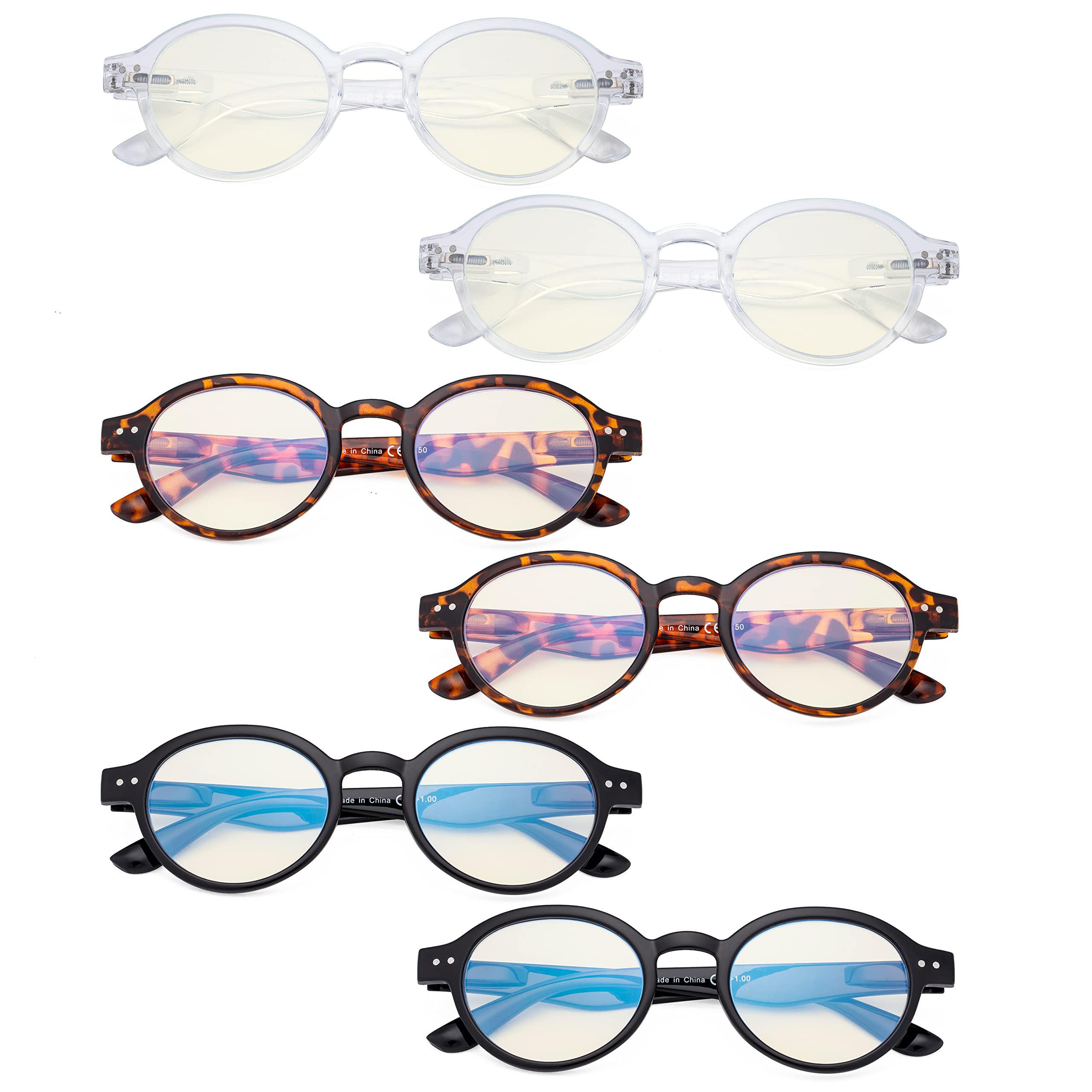Eyekepper 6 Pairs Blue Light Blocking Glasses for Computer Reading, Oval Frame +1.25 Magnification - Reduce Eye Strain for Work, Gaming & Screen Time