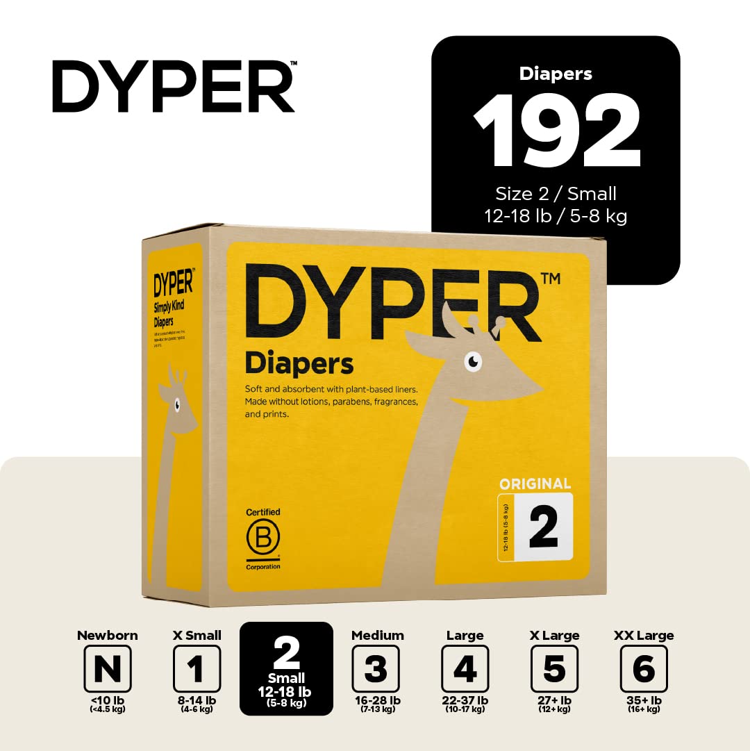 DYPER Size 2 Baby Diapers - Hypoallergenic, Plant-Based & Unscented for Sensitive Skin | Eco-Friendly Cloth Alternative | Day & Night Protection | Perfect for Newborns, Infants & Toddlers | Home, Travel & Daycare Use
