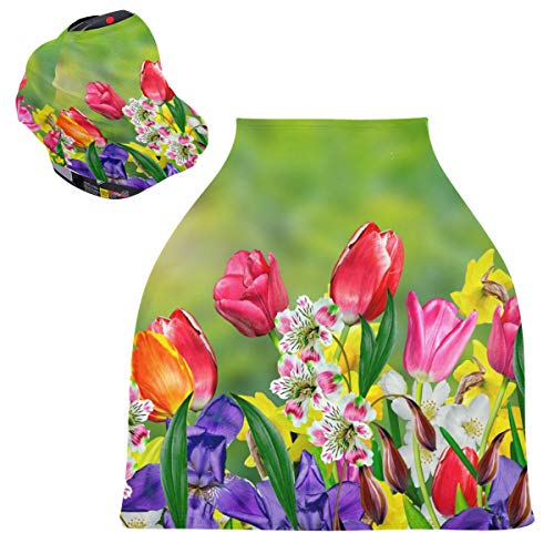 Breathable Baby Car Seat Cover & Nursing Canopy - Floral Daffodil Tulip Design, Infant Stroller Cover, Breastfeeding Scarf Blanket, Baby Shower Gift for Boys & Girls | Perfect for Travel, Nursing, and Outdoor Protection