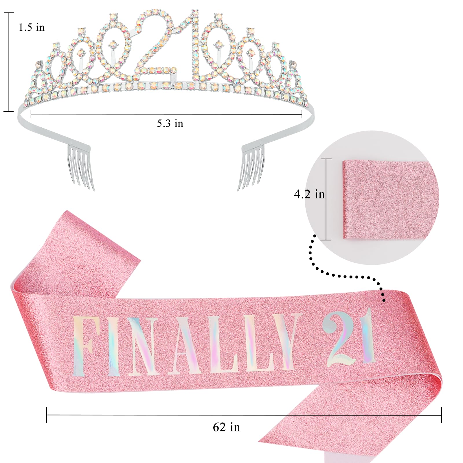Elegant Silver Princess Tiara & Birthday Sash Set for Women - 21st Birthday Crown with Combs, Crystal Headpiece for Girls Party Hair Accessories | Perfect for Birthday Celebrations, Bachelorette Parties & Special Events