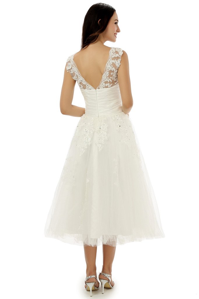 Engerla Women's Tea-Length Wedding Dress with Straps, Tulle Applique & Crystal Details – Perfect for Bridal Showers, Beach Weddings, and Vow Renewal Ceremonies
