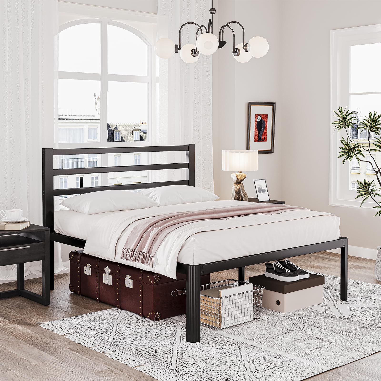 **King Size Bed Frame with Headboard - 18 Inch Heavy Duty Metal Platform Bed, No Box Spring Needed, Sturdy Mattress Foundation, Noise Free & Easy Assembly, Black - Perfect for Master Bedroom & Guest Room**