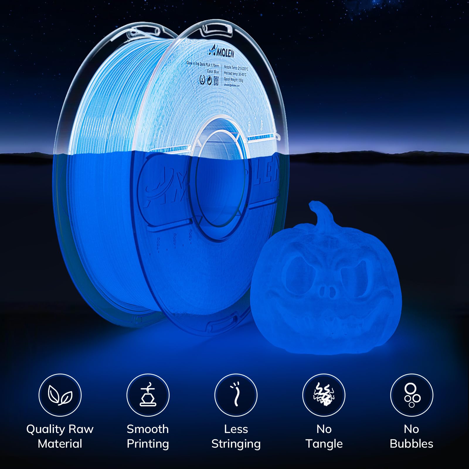 AMOLEN 1.75mm Glow in The Dark Blue PLA 3D Printer Filament - 1kg Spool (2.2lbs) with UV Reactive Properties, ±0.02mm Precision for FDM Printers | Perfect for Nightlight Decorations, Cosplay Props & Educational Science Projects