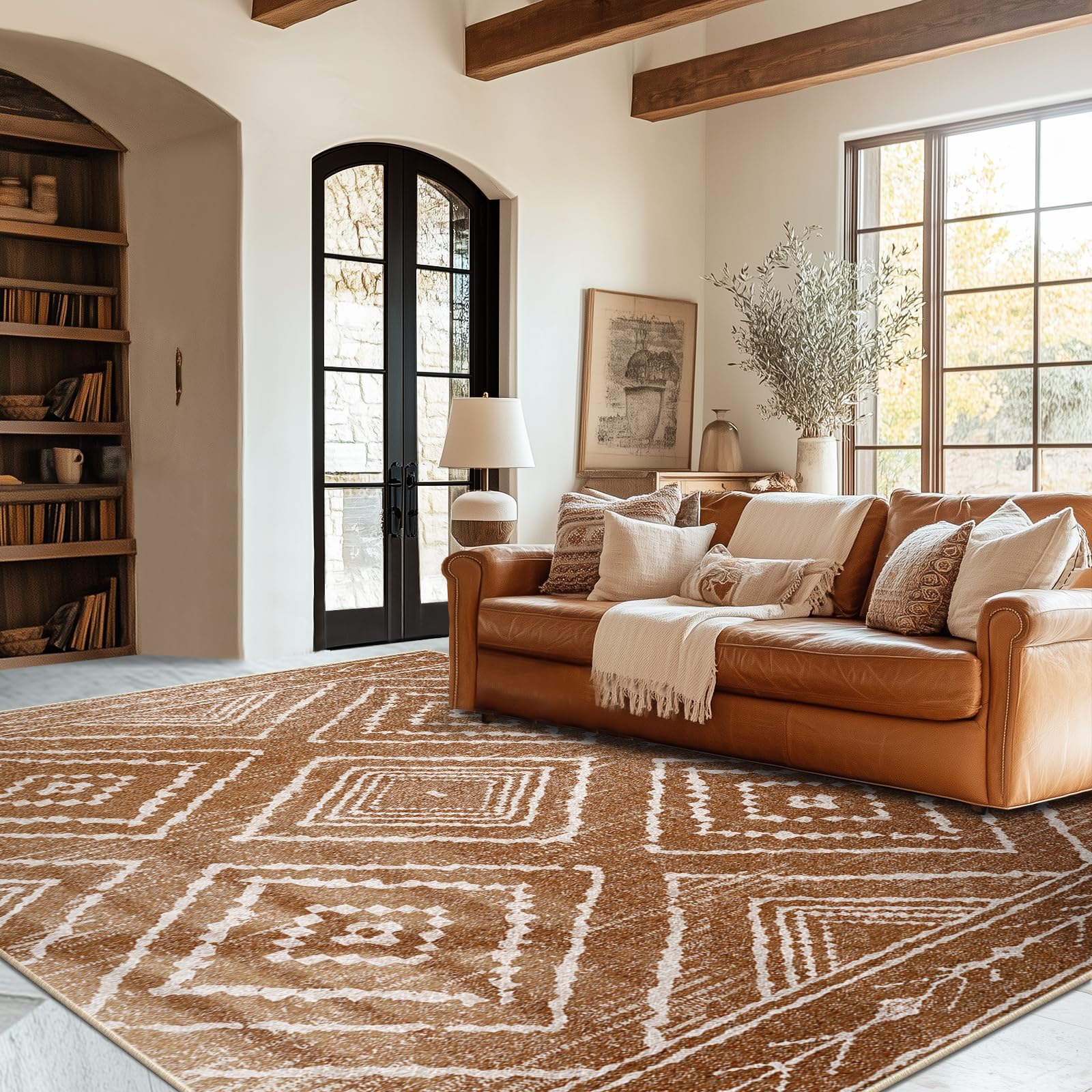 BESTSWEETIE 8x10 Washable Non-Slip Low Pile Area Rug - Western Aztec Print Pattern for Living Room, Bedroom, Entryway - Yellow Brown & Cream - Perfect for Home Decor, Dorm, Office & High Traffic Areas