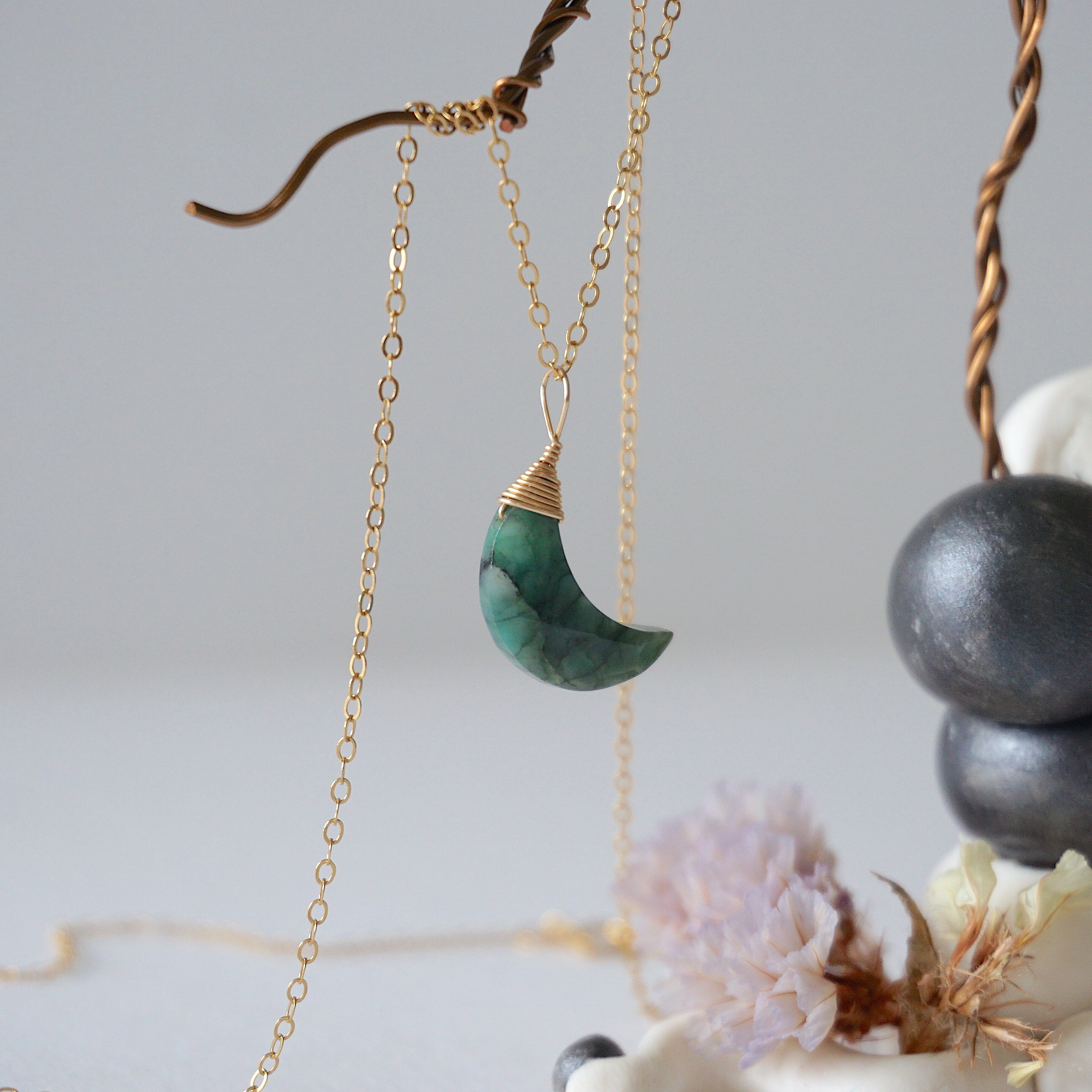 14K Gold Filled Emerald Moon Charm Necklace for Women - Elegant Celestial Jewelry Gift for Birthday, Anniversary & Special Occasions