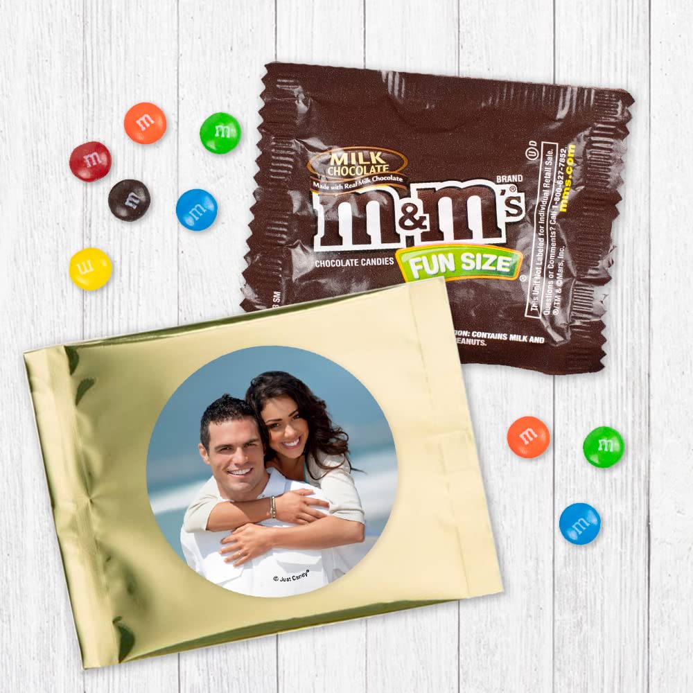 12ct Personalized Wedding Favors with Photo M&M's Candy Fun Size Bags (12 Pack) - Gold Foil - Fully Assembled Bulk Candy with Brand - Perfect for Wedding Receptions, Bridal Showers & Party Favors