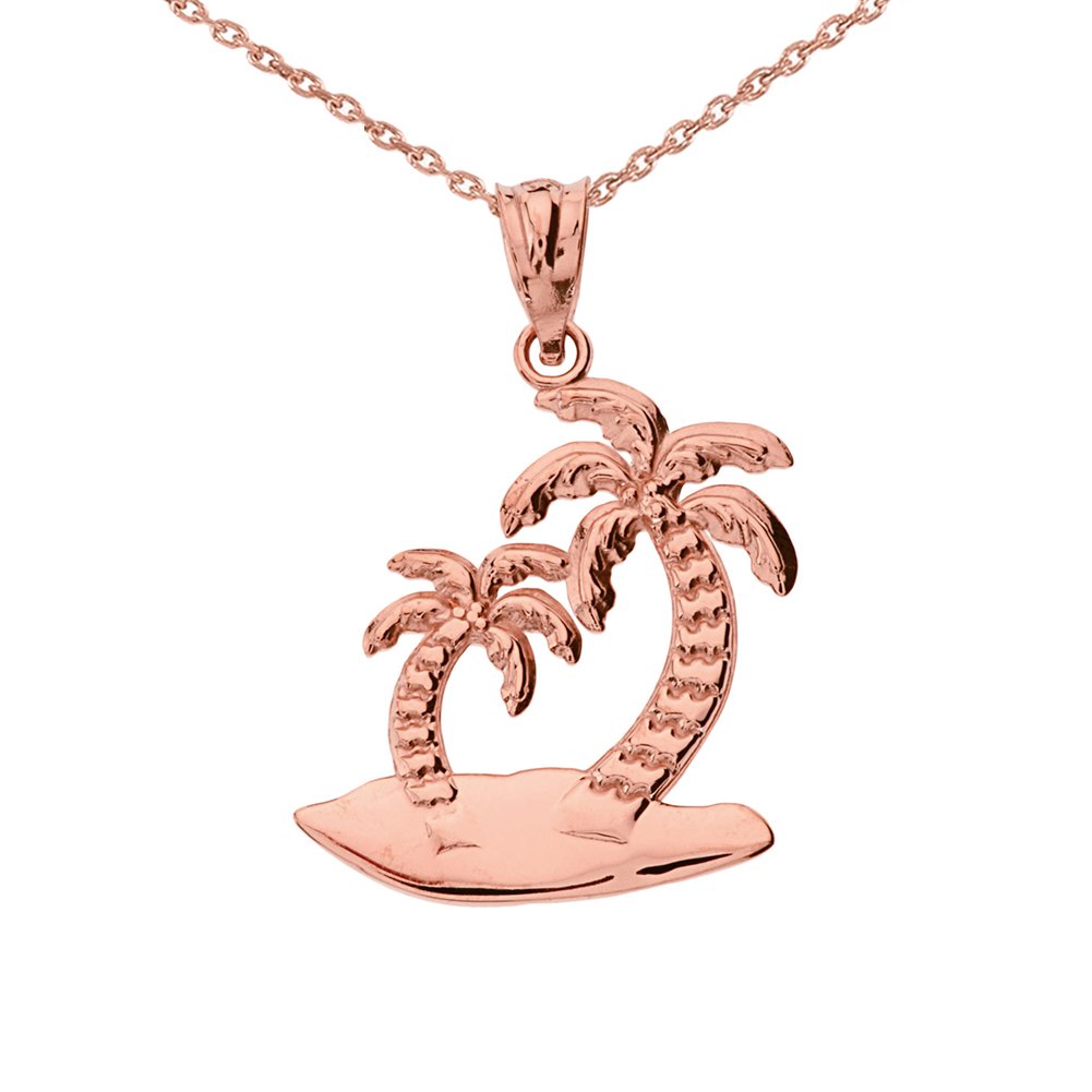 10k Rose Gold Palm Tree Island Charm Pendant Necklace for Women - Tropical Beach Vacation Jewelry Gift - Perfect for Summer, Travel & Layering
