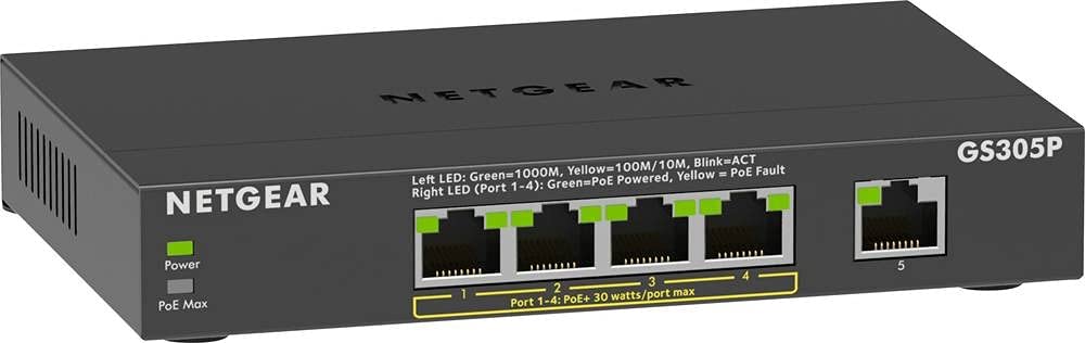 NETGEAR GS305P 5-Port Gigabit Ethernet PoE+ Switch with 4 PoE+ Ports @63W, Metal Fanless Design, Silent Operation, Desktop or Wall Mount - Ideal for Home Office, Small Business, and Smart Home Networking