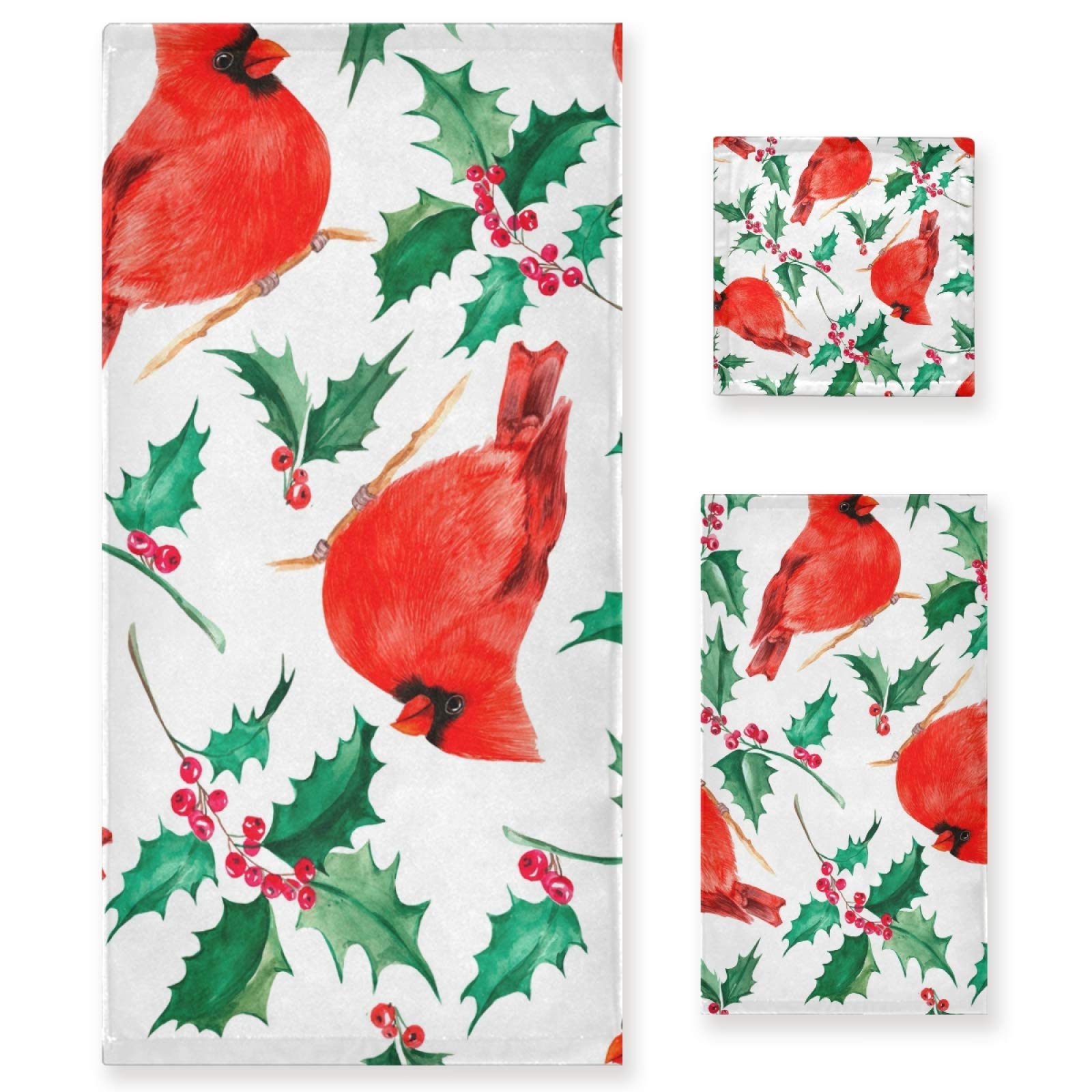 ALAZA Christmas Bath Towel Set - 4-Piece Luxury Large Bath Towels for Home & Bathroom Decor | Cardinal Birds & Red Holly Berries Holiday Design | Perfect for Christmas Gifts, Guest Towels & Festive Bathroom Decor