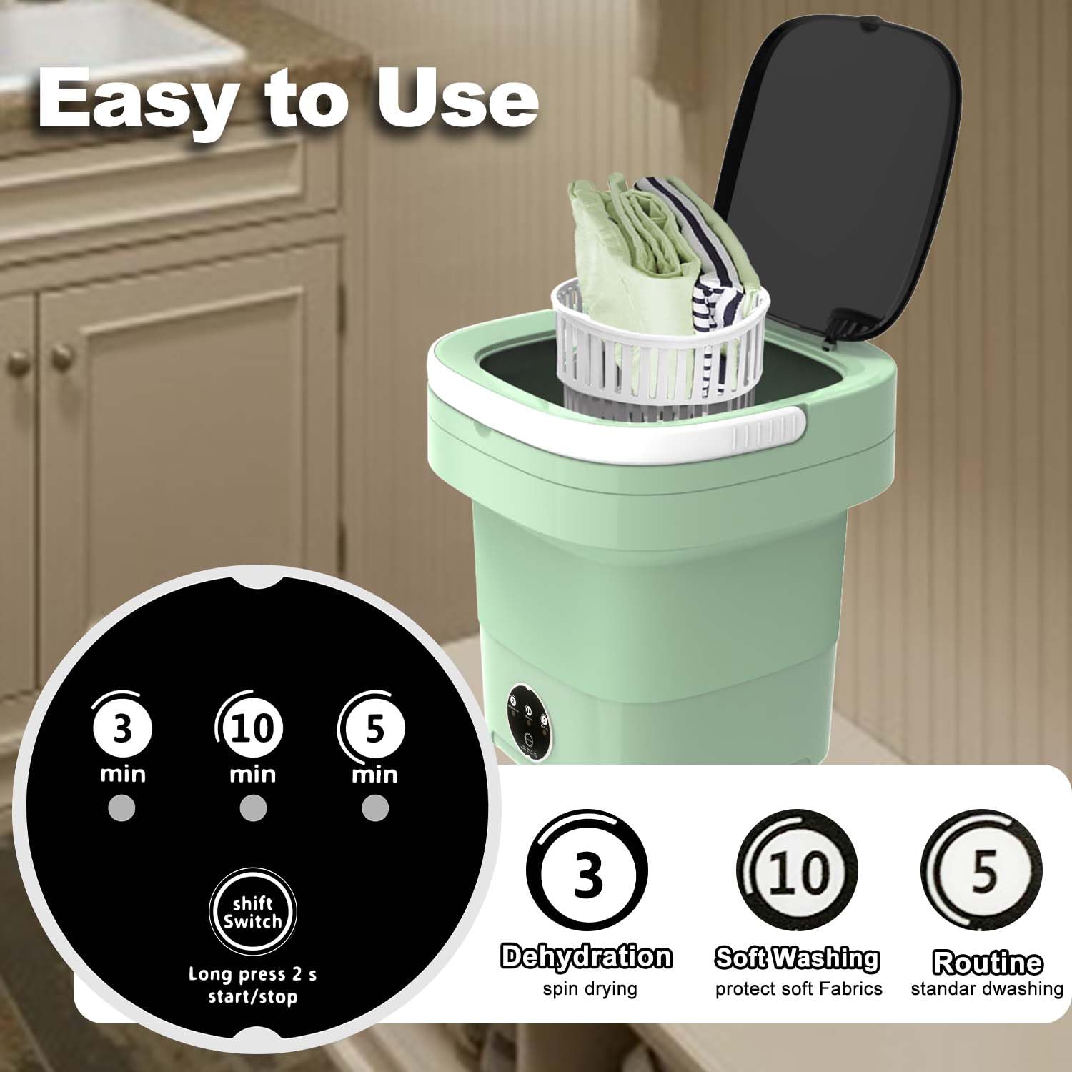 Portable Washing Machine 11L Large Capacity - Compact Collapsible Mini Washer & Dryer with Spin Function for Travel, Apartments, Camping - Perfect for Socks, Underwear & Baby Clothes (Green) | Space Saving Laundry Solution for Small Homes & Dorms