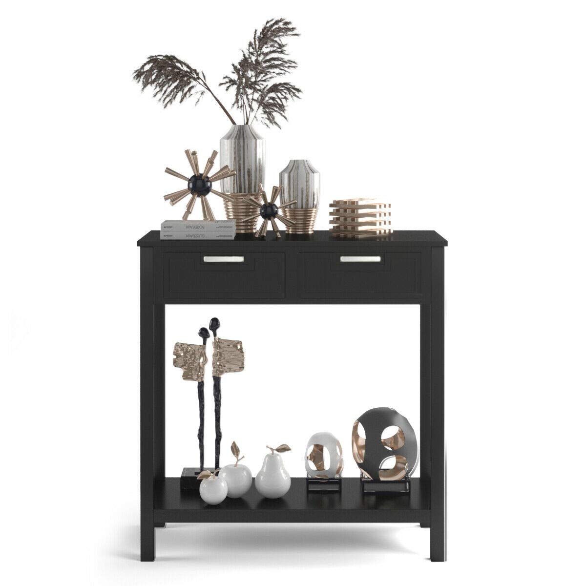 Modern Black Entryway Sofa Console Table with 2 Drawers - Sturdy Waterproof Storage Shelf for Living Room, Bedroom & Hallway - Easy to Clean Accent Furniture for Home Decor