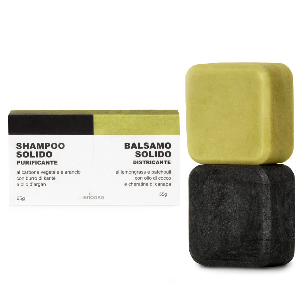 Enooso | Organic Festes Shampoo and Conditioner Set - Charcoal & Orange Soap-Free Solid Shampoo Bar with Hemp Keratin, Coconut Oil, Lemongrass - 100% Vegan & Plastic-Free - 120g - Perfect for Travel, Gym & Eco-Friendly Hair Care