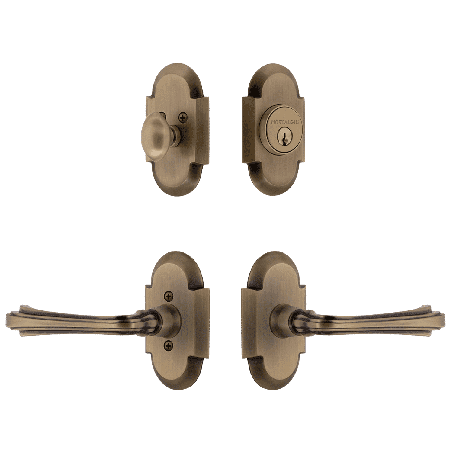 Antique Brass Cottage Entry Door Handle Set with Fleur Lever - Perfect for Farmhouse, Vintage & Traditional Home Decor