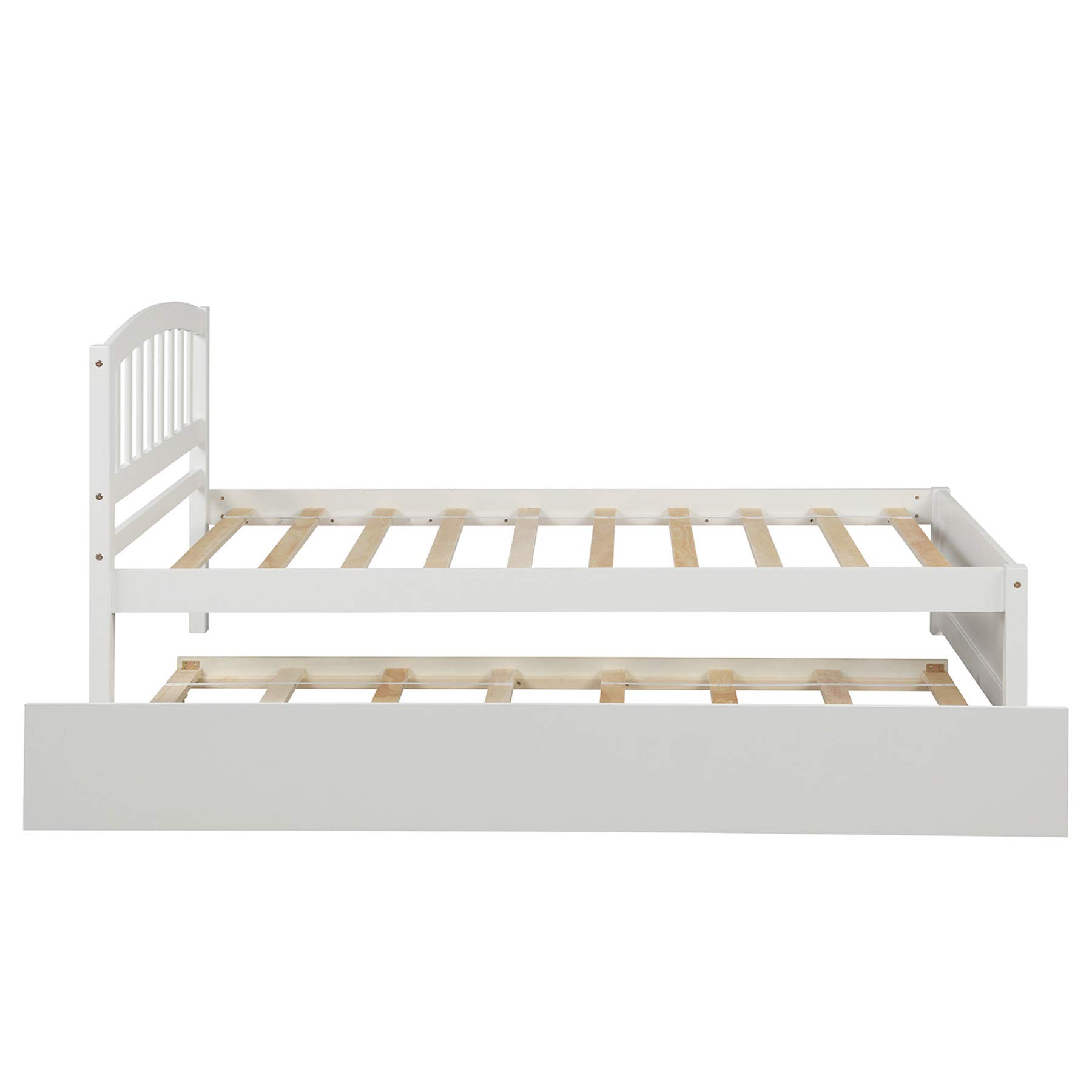 P PURLOVE Twin Size Wooden Platform Bed Frame with Headboard & Trundle - White - Perfect for Kids' Rooms, Guest Beds & Small Space Bedrooms