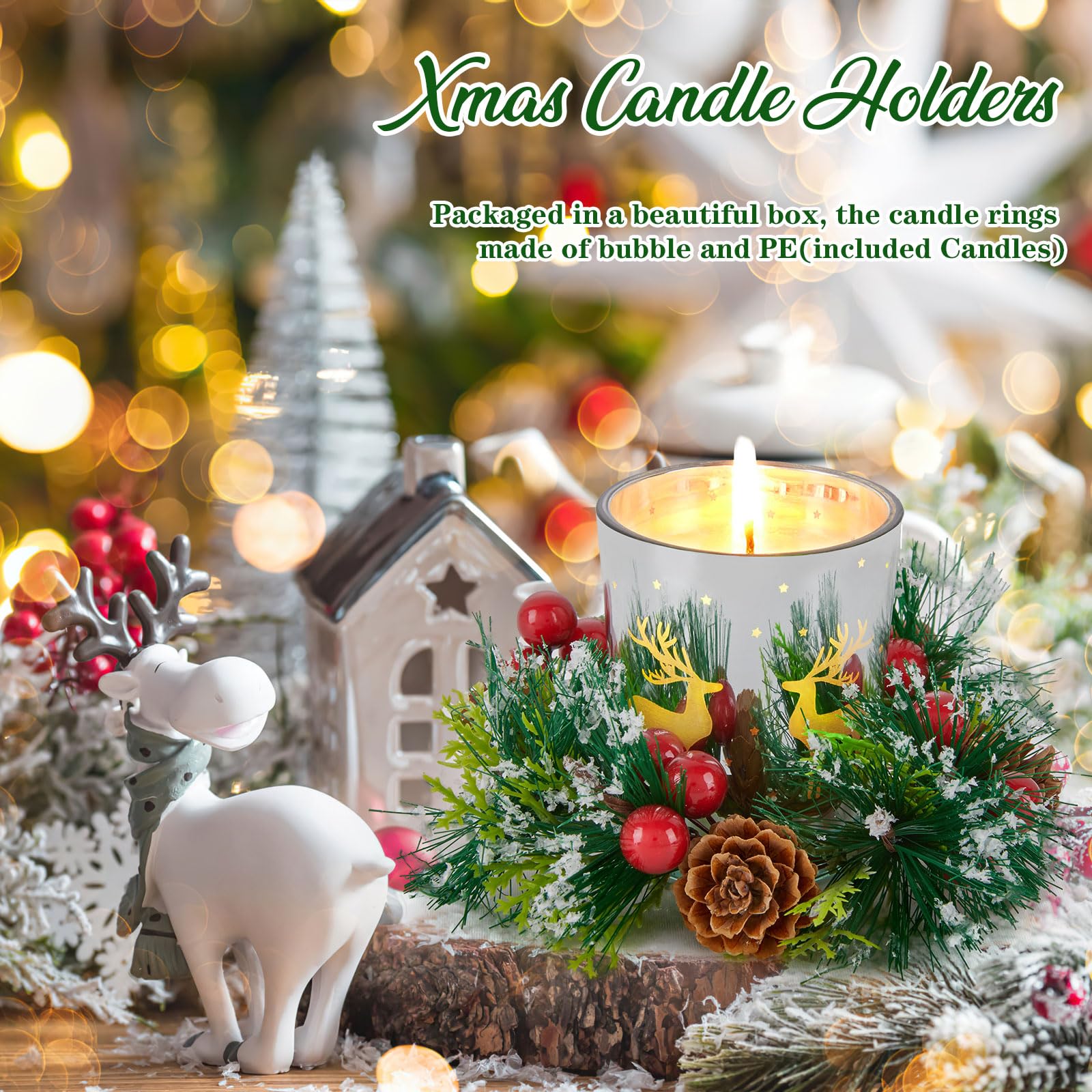 Christmas Candle Holders Rings Wreath Set - 4 Piece Red Berry Pinecone Elk Glass Candle Rings for Holiday Table Decor, Centerpiece, Fireplace Mantel & Christmas Party Decorations