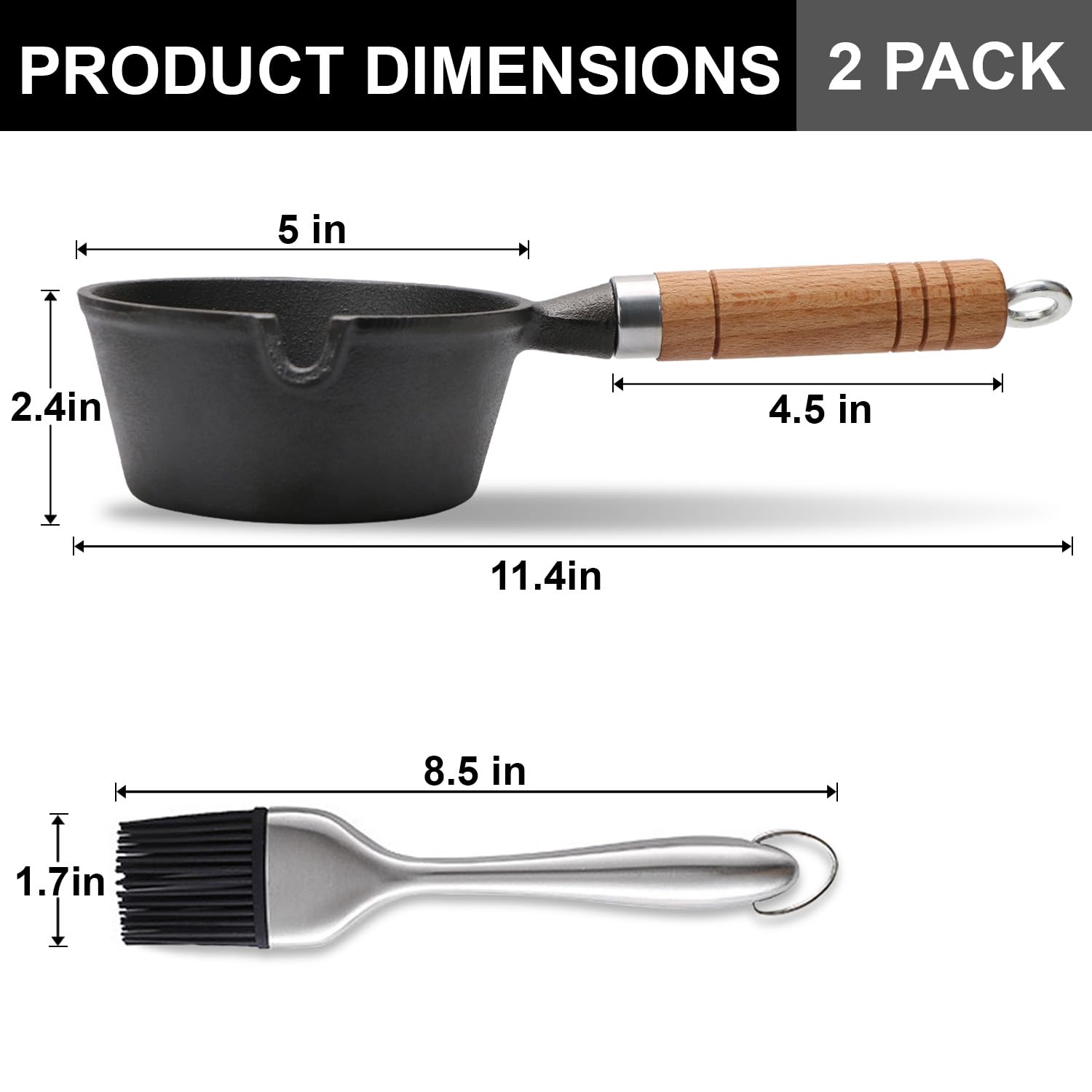 Cast Iron Basting Pot with Wooden Handle & Stainless Steel BBQ Brush - 15oz Melting Pot for Sauces, Marinades, and Butter - Perfect for Meat Smoker, Grill, Stove, and Outdoor Cooking - Ideal BBQ Basting Set for Home Chefs and Camping Enthusiasts