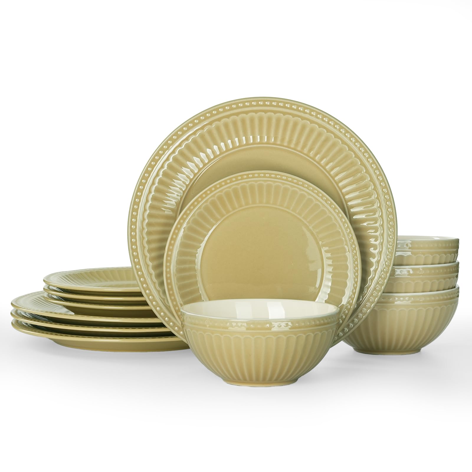 Famiware 12-Piece Stoneware Dinnerware Set - Microwave & Dishwasher Safe Plates and Bowls for 4, Scratch Resistant Kitchen Dishes with Reactive Glaze & Embossed Design in Yellow | Perfect for Family Dinners, Outdoor Picnics, and Everyday Use