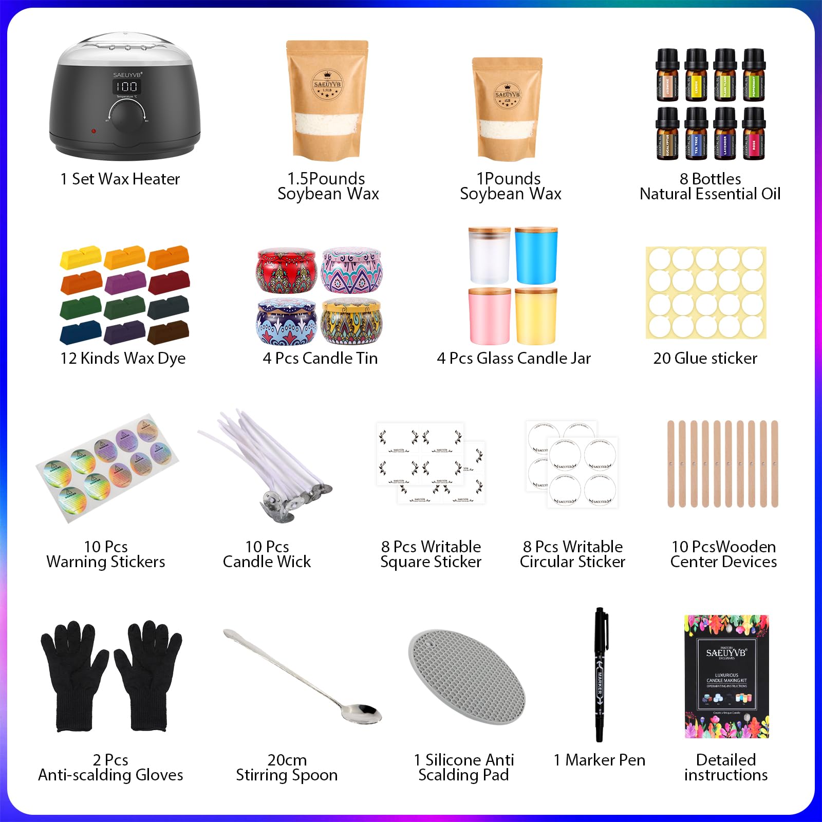 SAEUYVB Complete Candle Making Kit with Hot Plate - DIY Soy Wax Candle Starter Set for Adults - Home Decor & Relaxation Gift - Perfect for Aromatherapy, Wedding Favors & Spa Nights