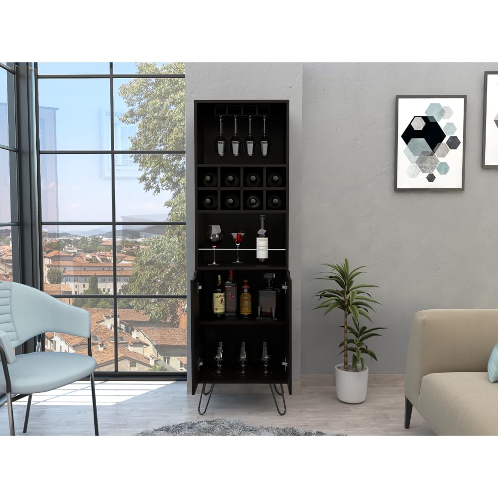 Tuhome Manhattan L-Shaped Bar Cabinet with 8 Built-In Wine Racks & 2 Single-Door Storage Cabinets - Black | Perfect for Home Bars, Dining Rooms & Entertaining Spaces