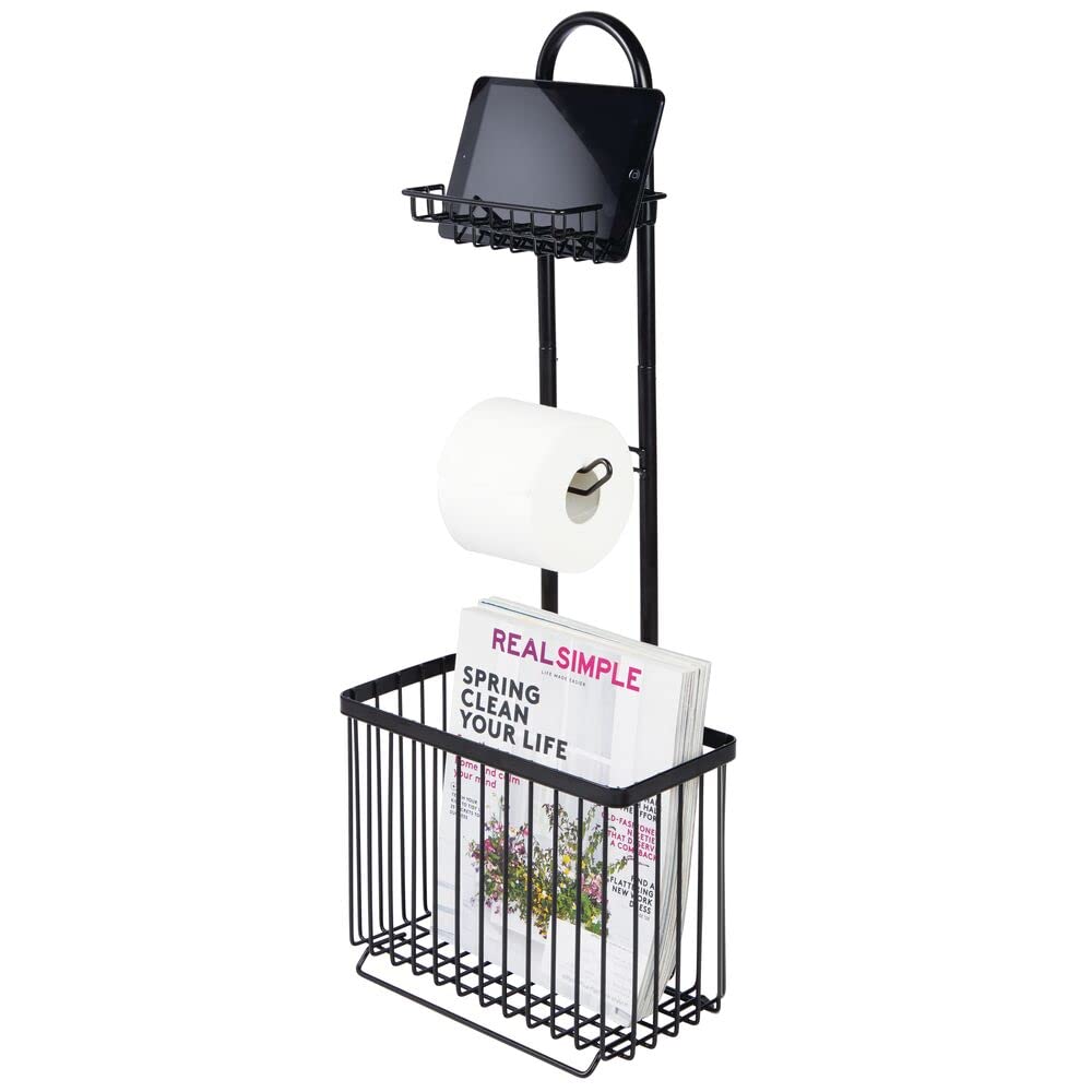 mDesign Freestanding Toilet Paper Holder with Storage Shelf - Holds Tablet, Magazines, Books & Phone - Bathroom Organizer for Powder Rooms & Small Spaces - Black - Perfect for Reading Nooks & Spa-Like Bathrooms