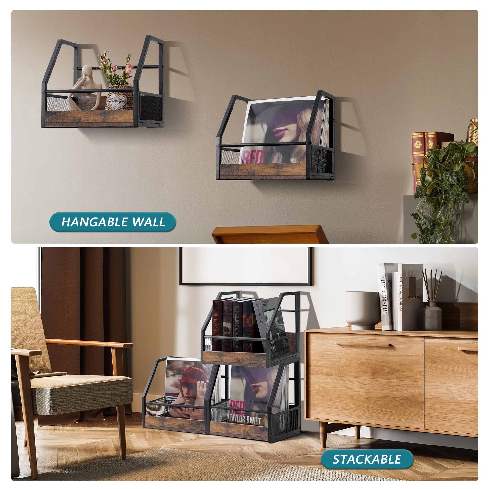 Vinyl Record Storage Wall Mount - Stackable LP Record Holder & Organizer for Displaying Albums - Perfect for Home, Office, or Music Studio Organization