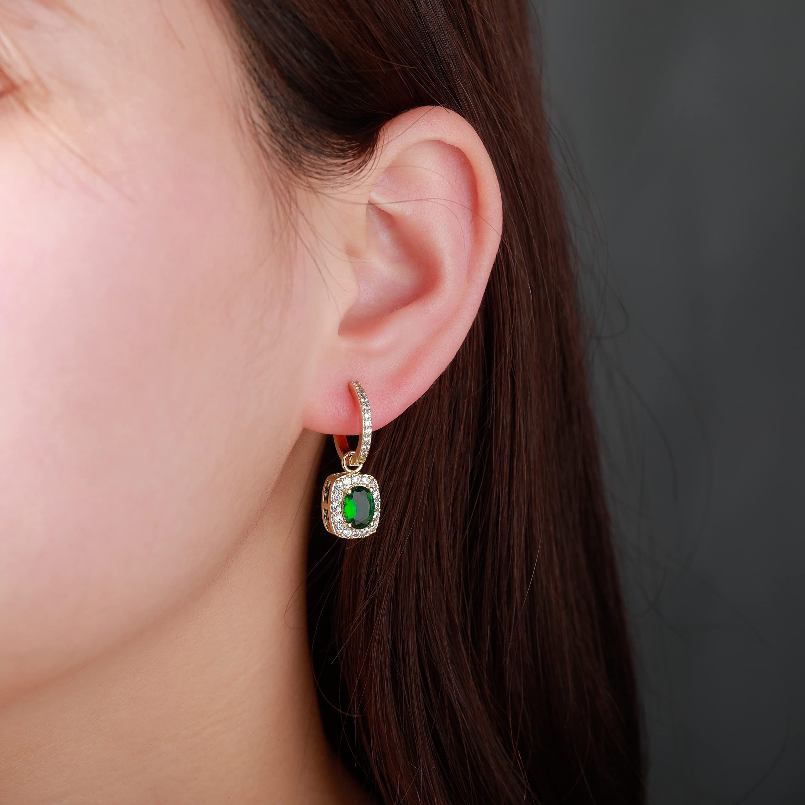 14K Gold Plated Chunky Drop Emerald Green Cubic Zirconia Hoop Earrings for Women - Trendy Dangle Iced Cushion Earrings | Perfect for Parties, Date Nights & Special Occasions