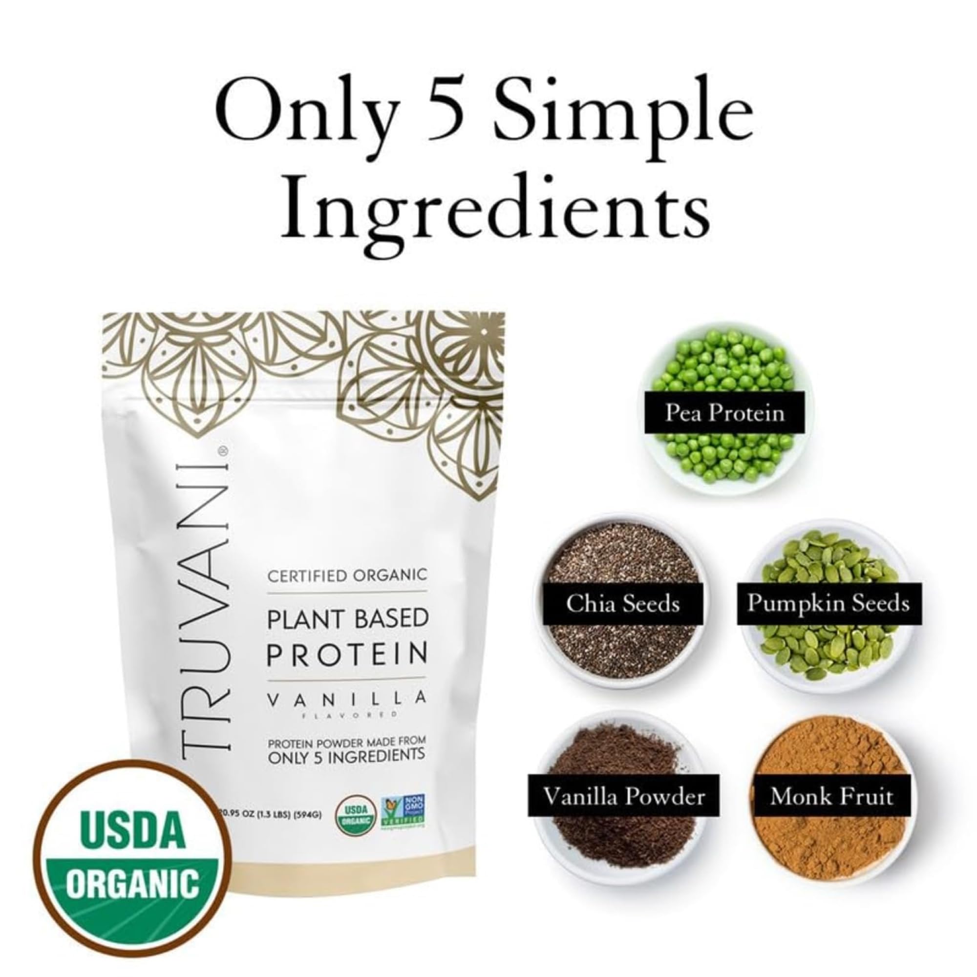 Truvani Vegan Pea Protein Powder - Vanilla Flavor | 20g Organic Plant-Based Protein per Serving | 20 Servings | Keto, Gluten-Free, Dairy-Free, Low Carb, No Added Sugar | Ideal for Smoothies, Baking & Post-Workout Recovery
