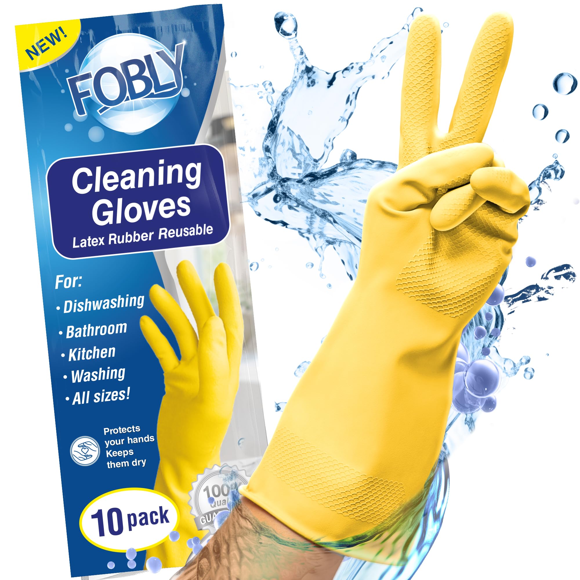 FOBLY Reusable Natural Rubber Latex Cleaning Gloves - Dishwashing & Kitchen Gloves for Washing Dishes, Cleaning, Food Prep & Household Chores (Perfect for Dishwashing, Gardening & Pet Care)