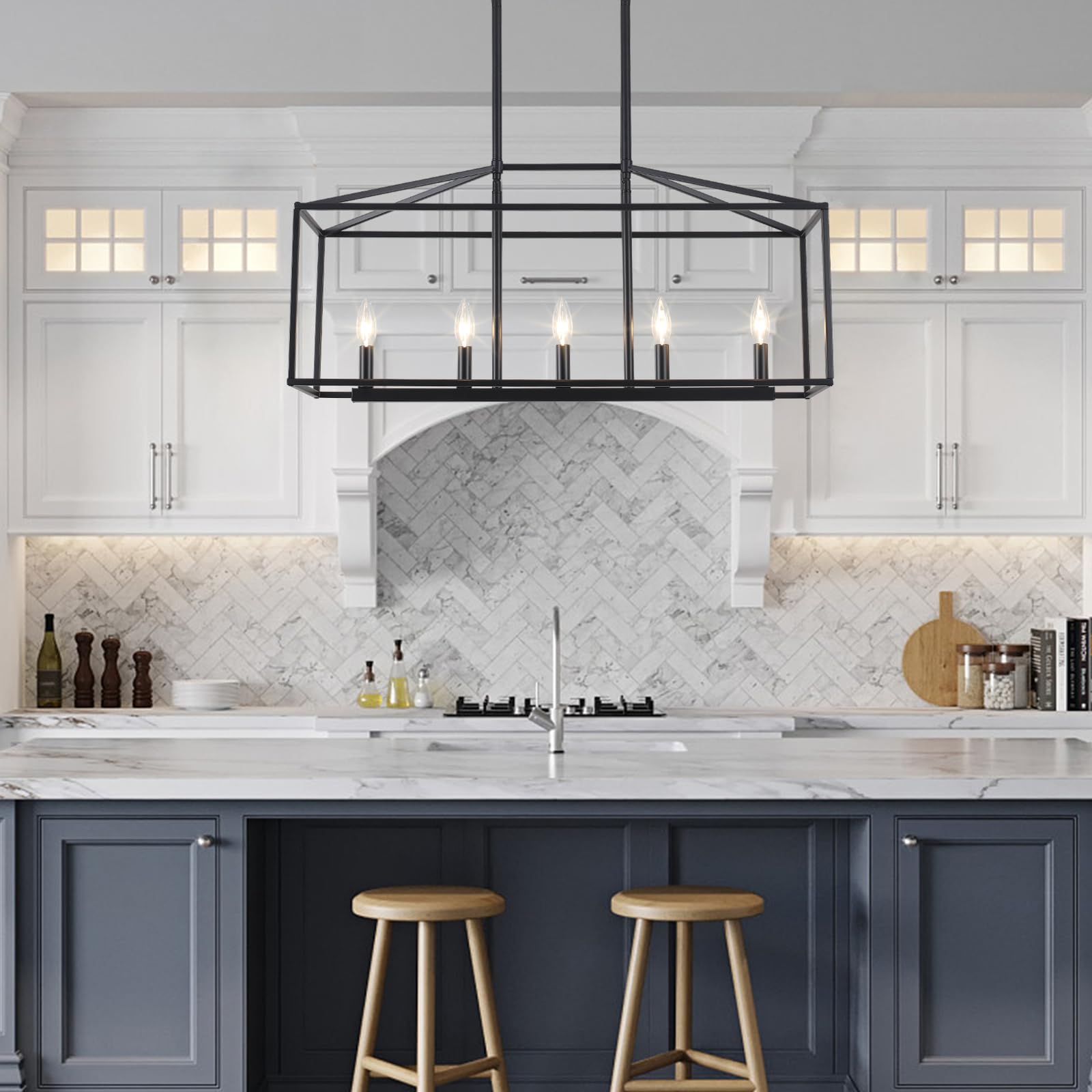 ALISADABOY Modern Black Rectangle Chandelier - 5-Light Linear Pendant Lighting for Farmhouse Dining Room, Rustic Kitchen Island & Living Room | Perfect Over Dining Table & Kitchen Counter
