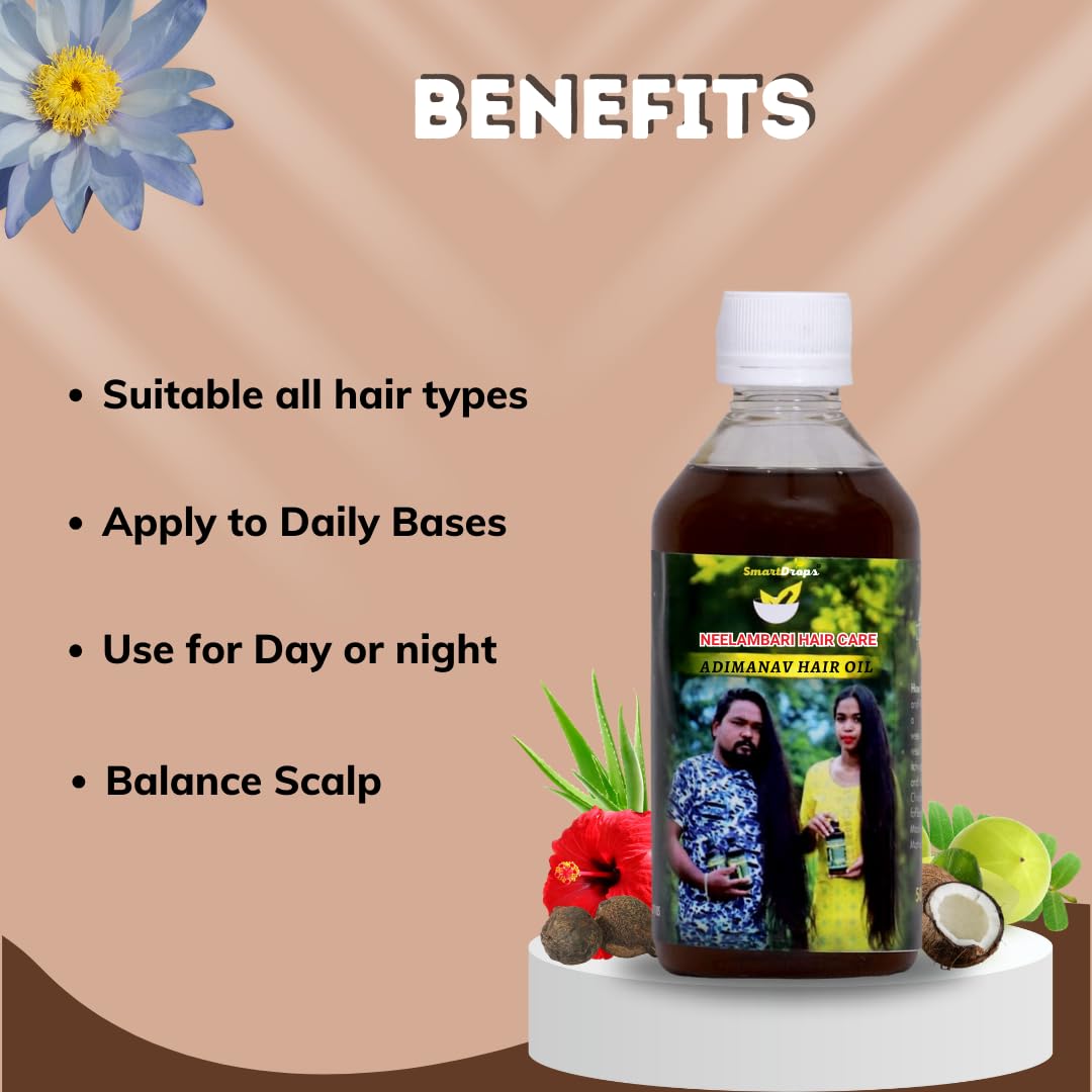 Smartdrops Adimanav Neelambari Herbal Hair Oil - 100% Natural Hair Growth Treatment for Women & Men (3.4oz/100ml) | Promotes Thicker, Stronger Hair | Perfect for Daily Use, Scalp Massage & Hair Care Routine