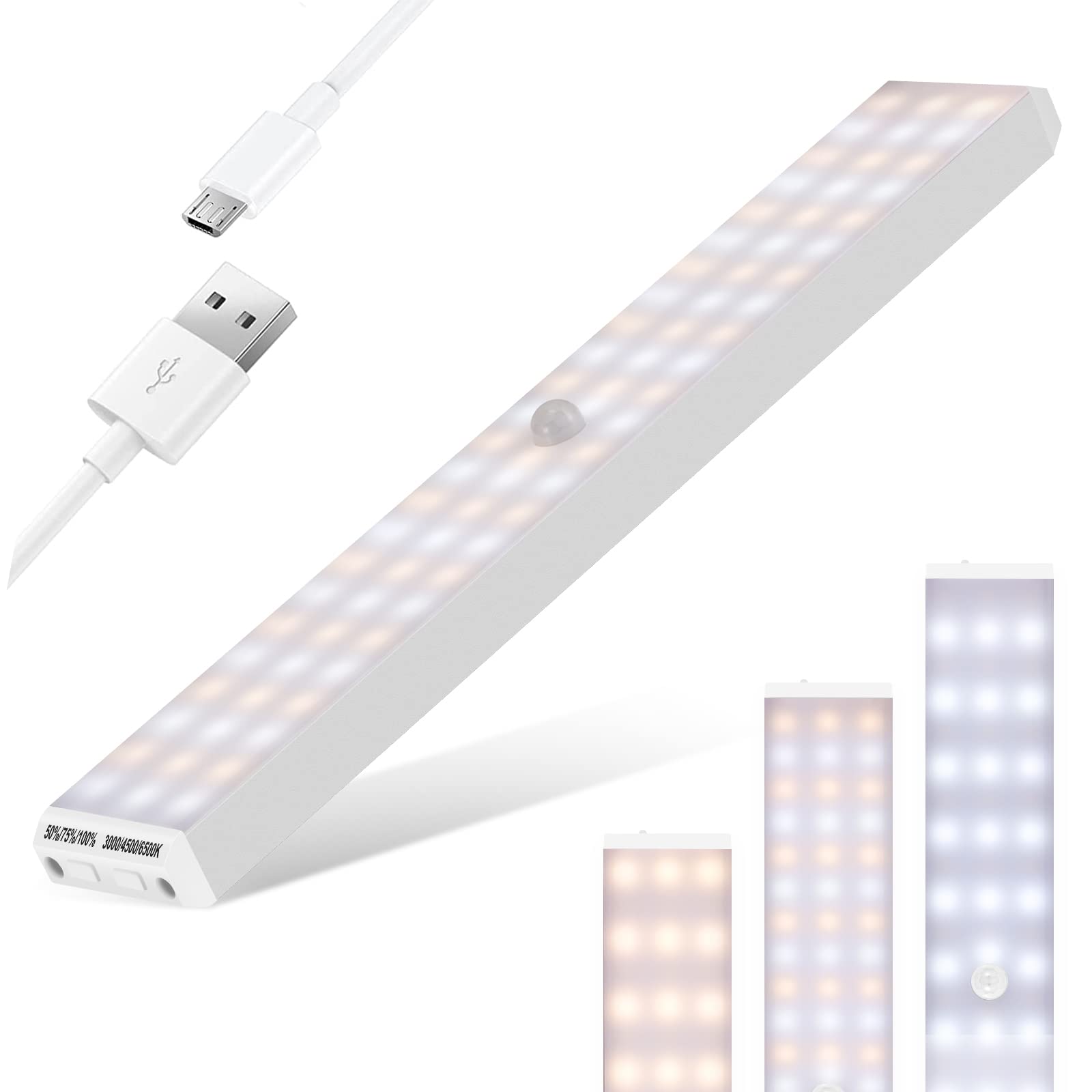 Motion Sensor LED Under Cabinet Lights - 72 LEDs, Dimmable 3000K-6500K, USB Rechargeable for Bedroom & Closet