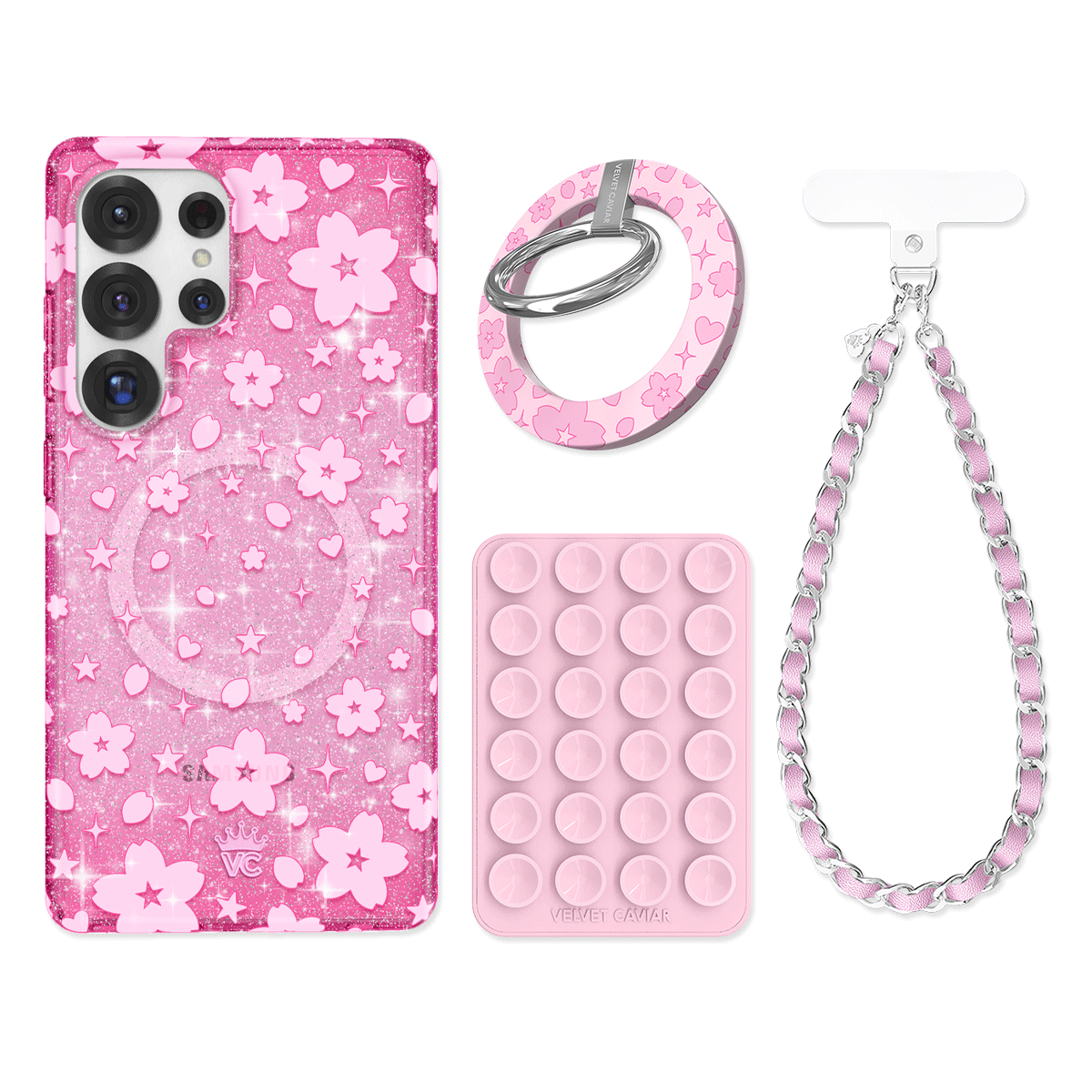 Cherry Blossom Glitter Phone Grip & Sticker Bundle for Samsung Galaxy - Perfect for Girls, Teens, DIY Phone Accessories, Kawaii Aesthetic, Gift Ideas