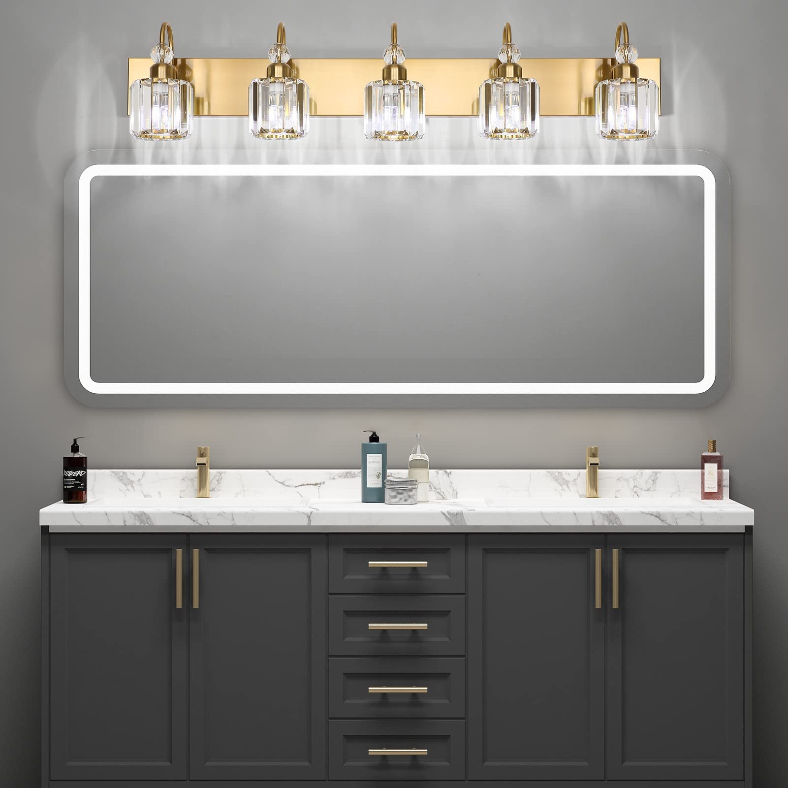 Ralbay 5-Light Crystal Bathroom Vanity Light Fixture - Gold Brass Modern Wall Sconce with Clear Crystals for Mirror Lighting - Perfect for Master Bath, Powder Room & Spa Decor