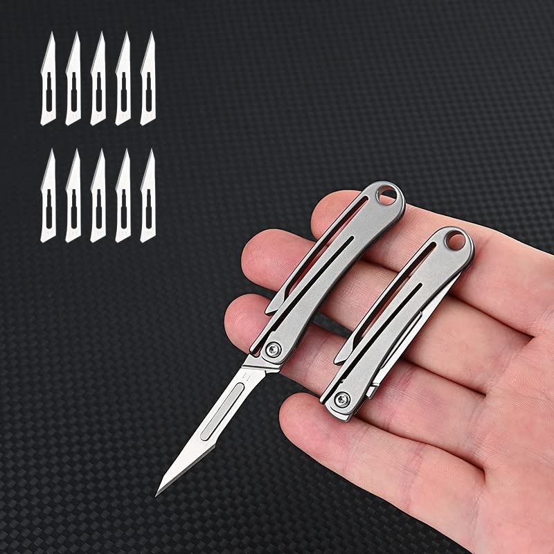 Small Titanium Utility Knife - EDC Pocket Folding Knife with 10 Replacement Blades, Ultra Lightweight Keychain Knife Only 0.32oz (KPQ-1031) - Perfect for Camping, Hiking, Outdoor Adventures & Everyday Carry