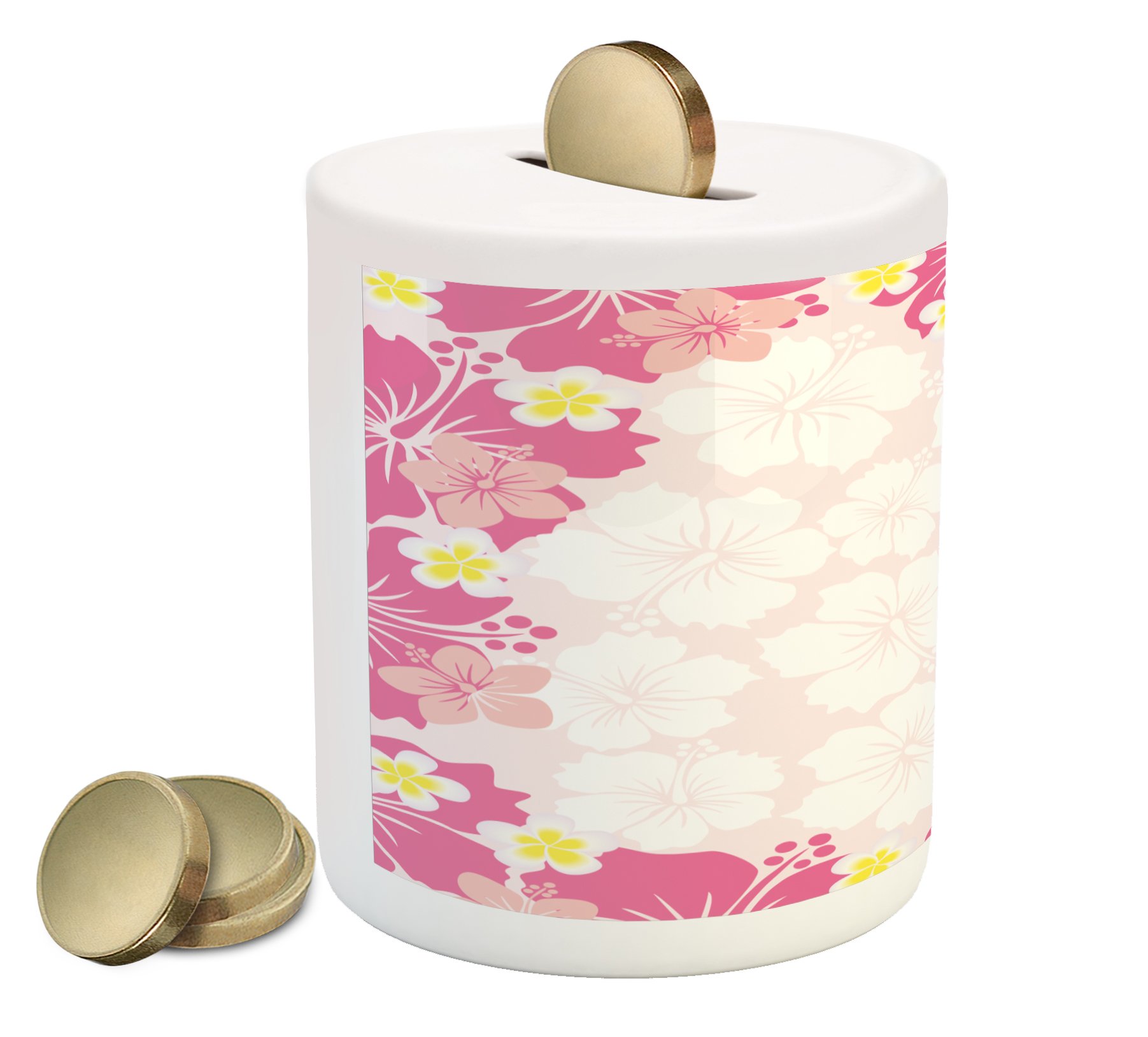 Ambesonne Luau Piggy Bank - Pink Hibiscus Hawaiian Ceramic Coin Bank for Cash Saving, Money Box with Abstract Floral Design in Pink, Yellow & Peach | Perfect for Kids' Savings, Hawaiian Themed Parties & Home Decor
