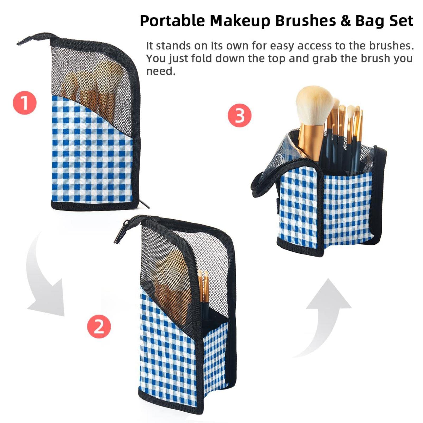 12-Piece Makeup Brush Organizer Bag with Portable Case - Textured Blue & White Plaid Design for Travel & Home Storage | Perfect for Makeup Artists & Beauty Enthusiasts