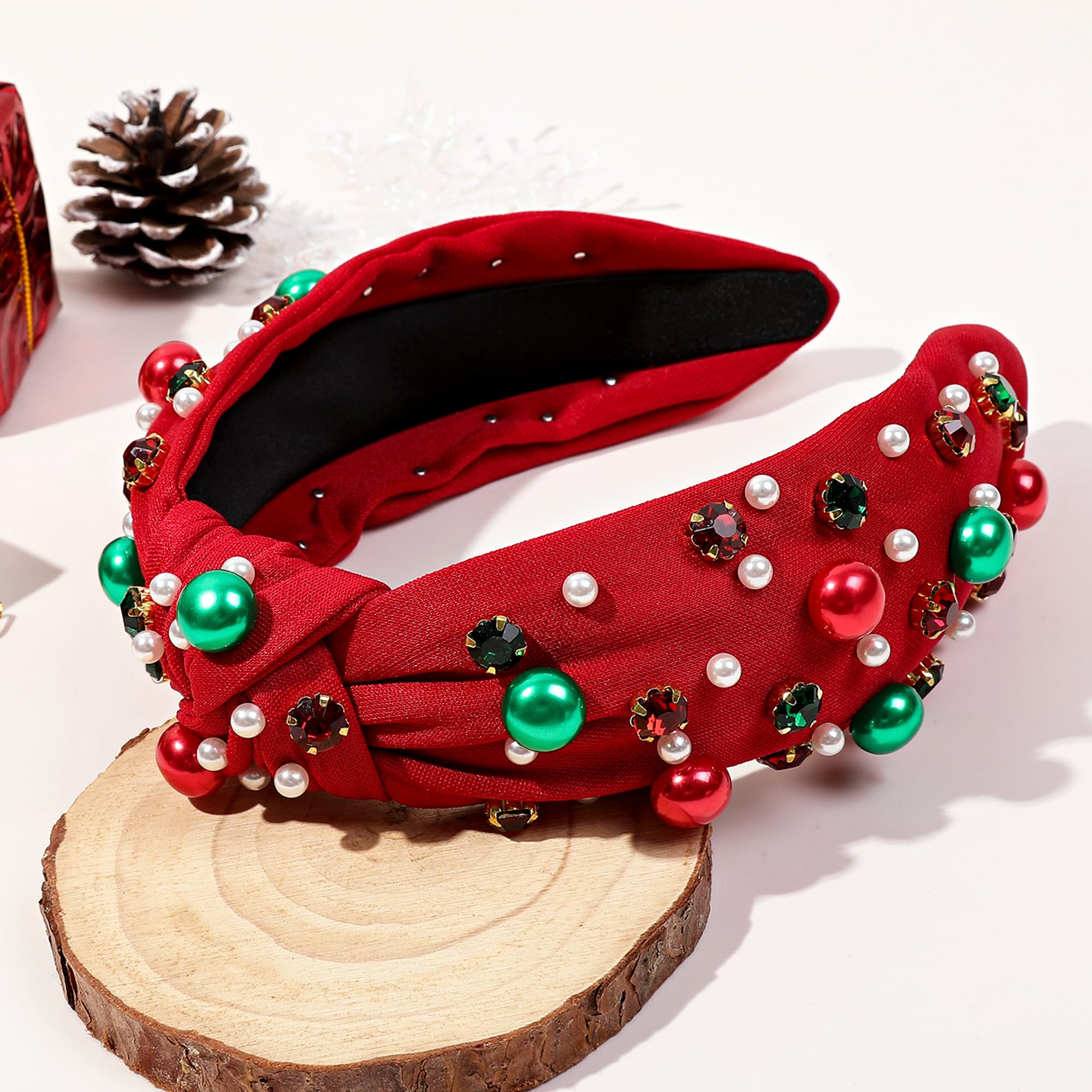 Sparkly Christmas Headbands for Women & Girls - Elegant Red Headband with Jeweled Pearls for Holiday Parties & Festive Occasions