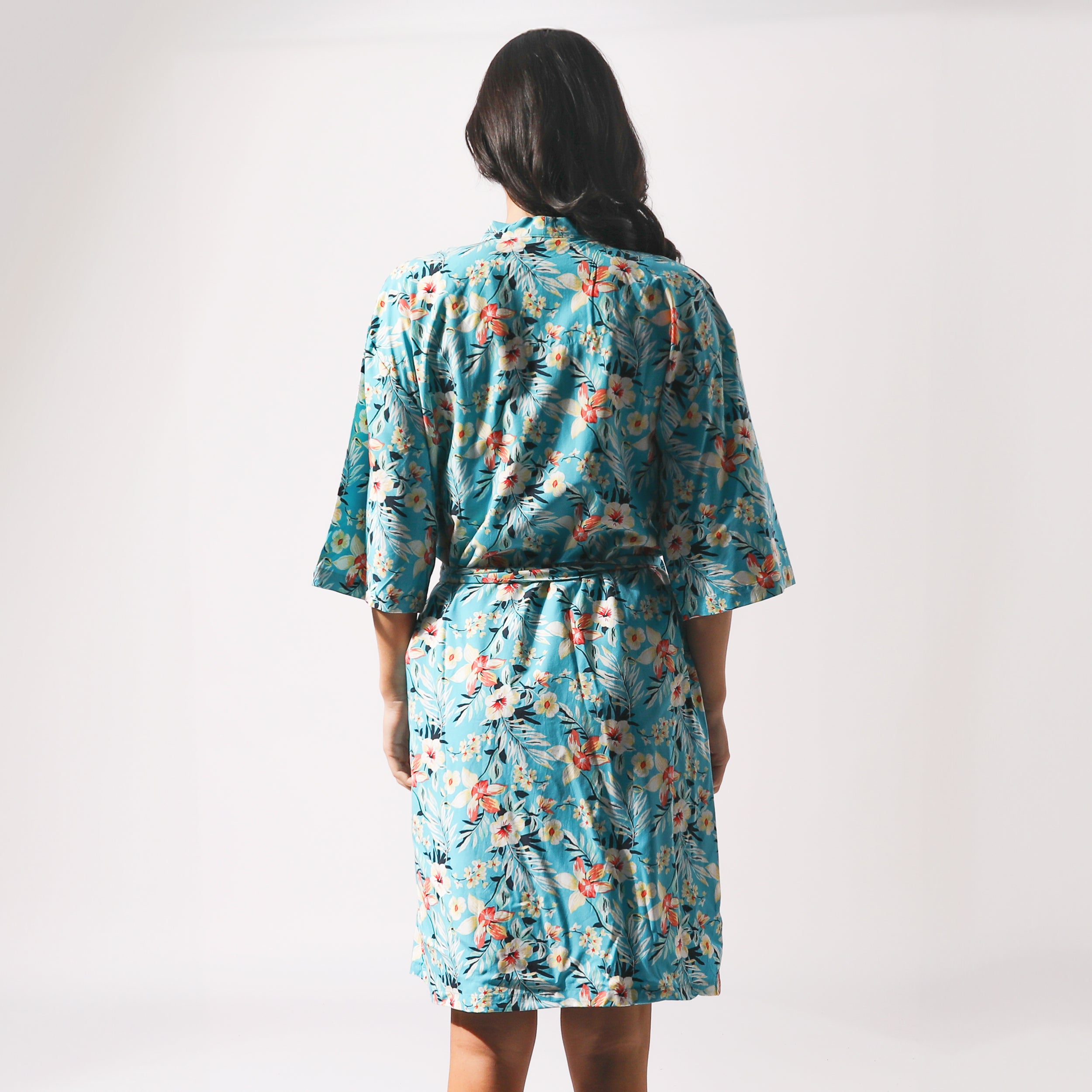Women's Twilight Floral Woven Robe - Soft Blue Cotton Kimono Style Bathrobe for Spa, Lounge & Home Relaxation