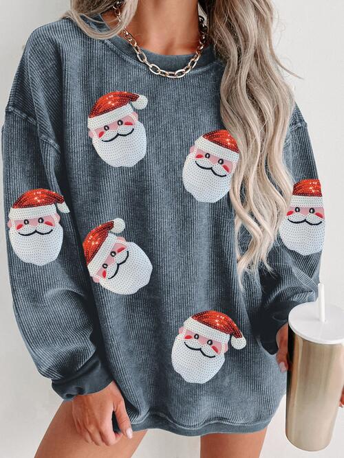 Festive Sequin Santa Patch Ribbed Sweatshirt for Women - Christmas Holiday Party Outfit & Casual Winter Fashion