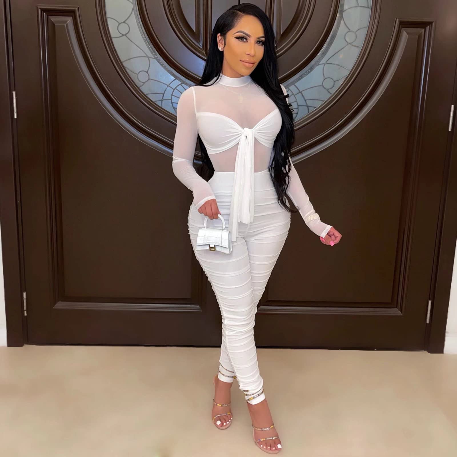 Sexy Mesh Patchwork Jumpsuit for Women - Elegant Long Sleeve Bandage Party Bodysuit | Perfect for Nightclub, Date Night & Special Occasions
