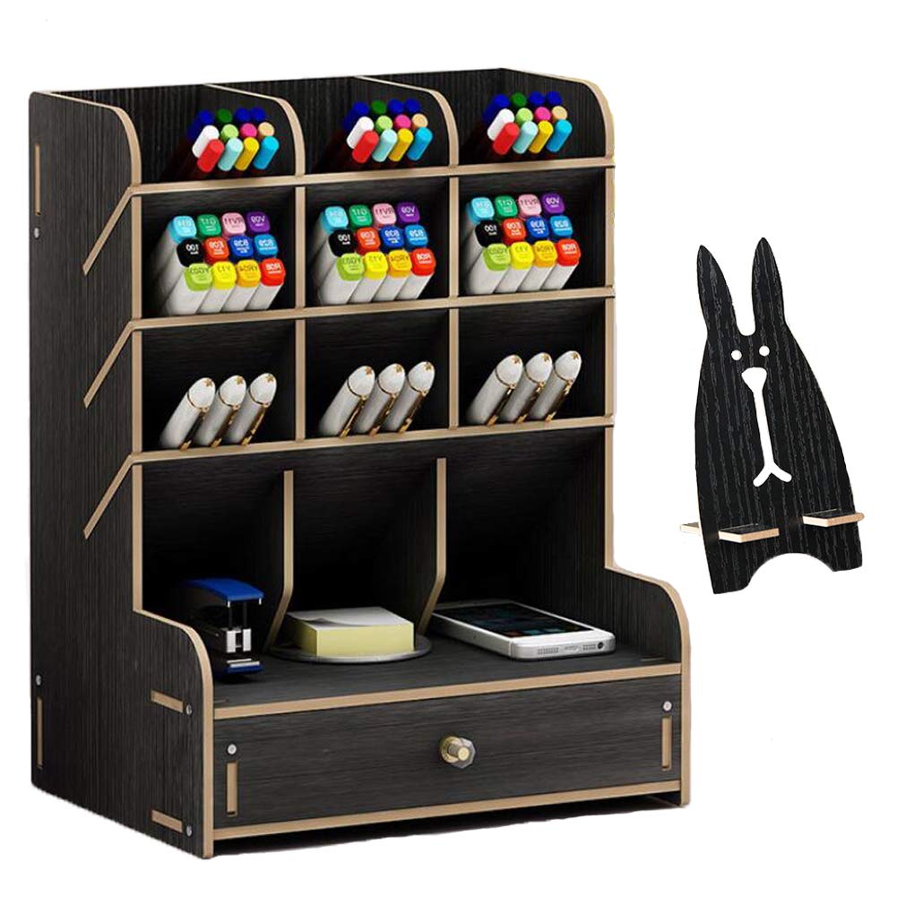 Marbrasse Wooden Desk Organizer - Multi-Functional DIY Pen Holder & Office Supplies Storage with Drawer | Easy Assembly for Home Office, School & Workspace (B11-Black)